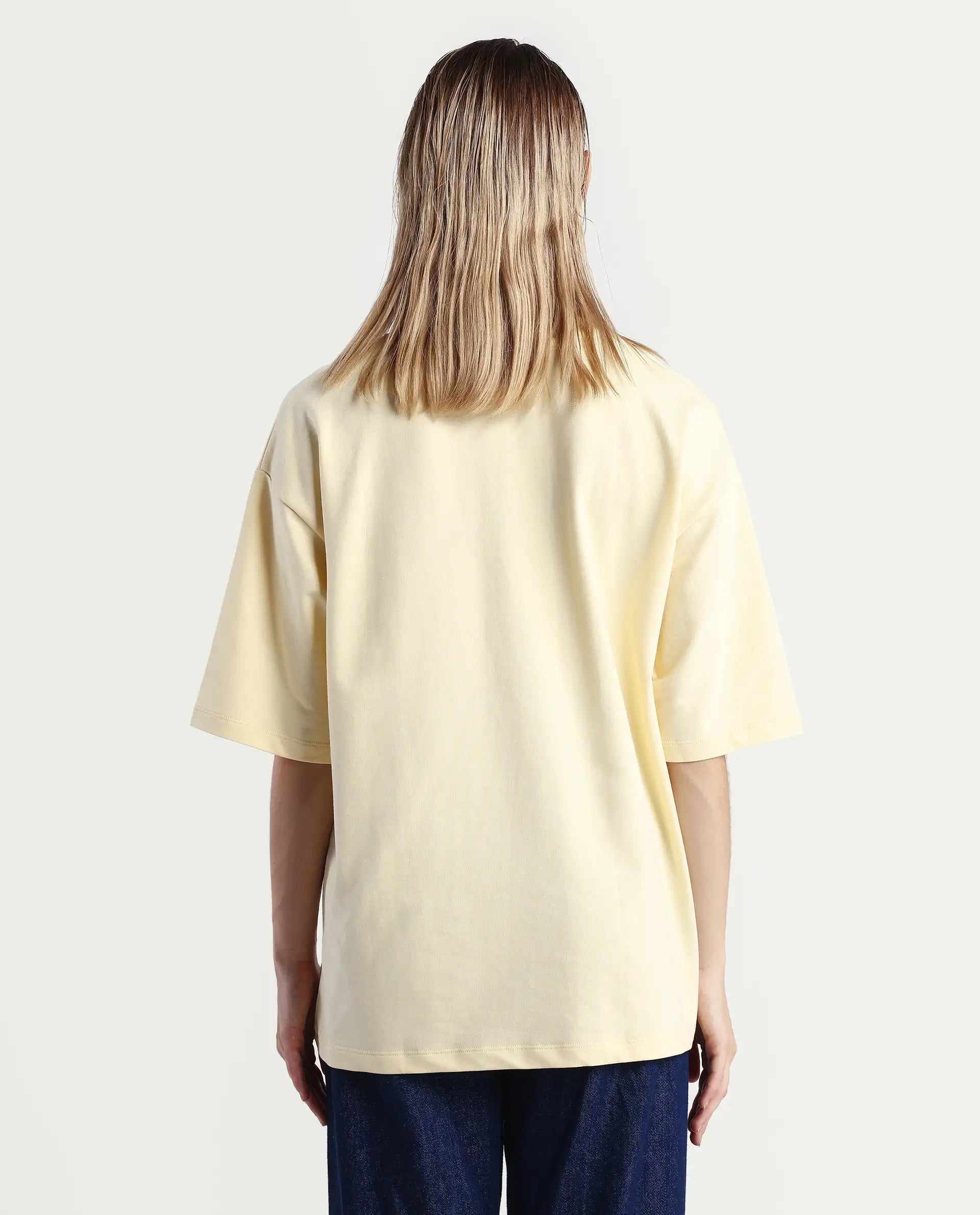Rareism Women's Sler Dusky Yellow Cotton Crew Neck Graphic Print Oversized T-Shirt