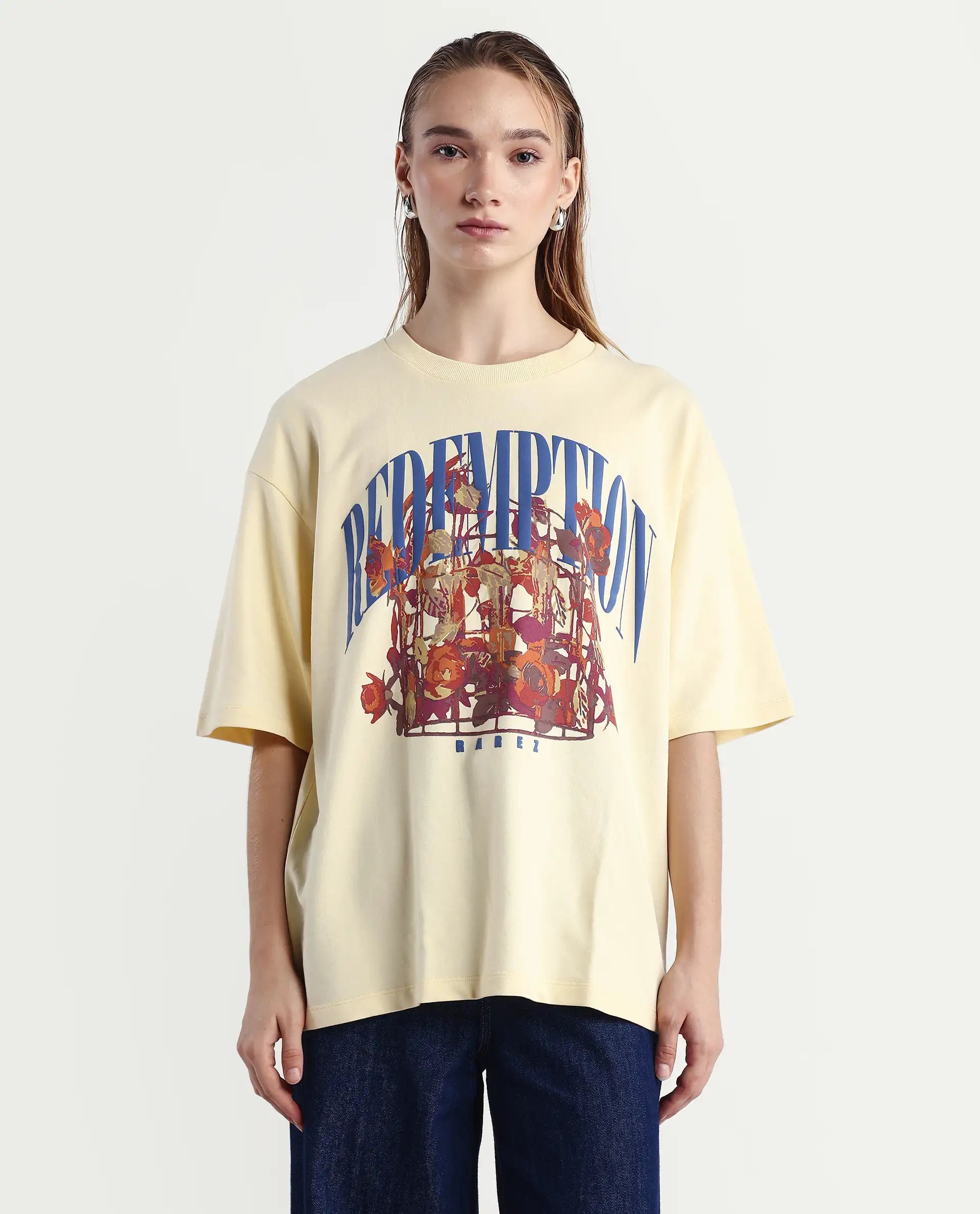 Rareism Women's Sler Dusky Yellow Cotton Crew Neck Graphic Print Oversized T-Shirt