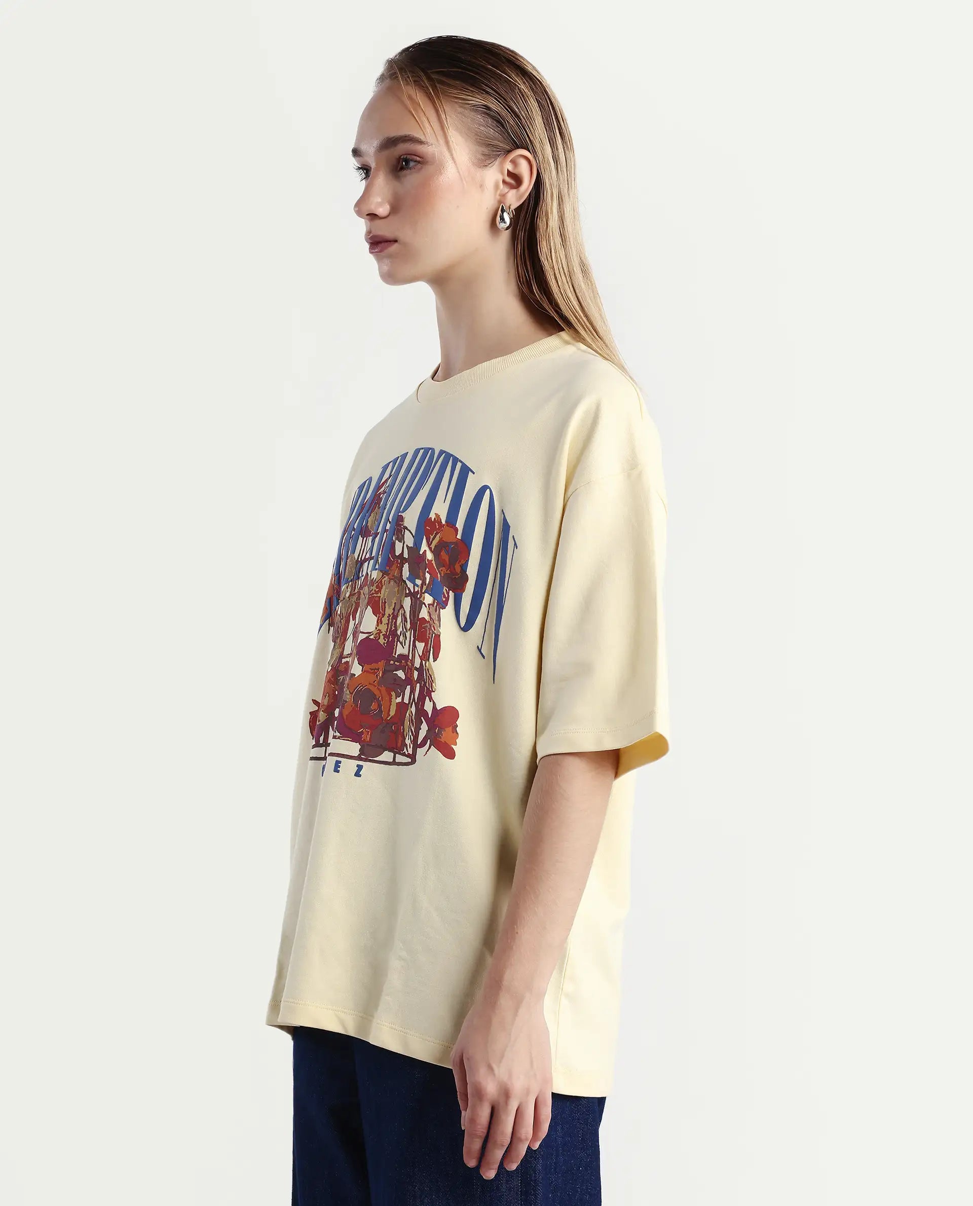 Rareism Women's Sler Dusky Yellow Cotton Crew Neck Graphic Print Oversized T-Shirt