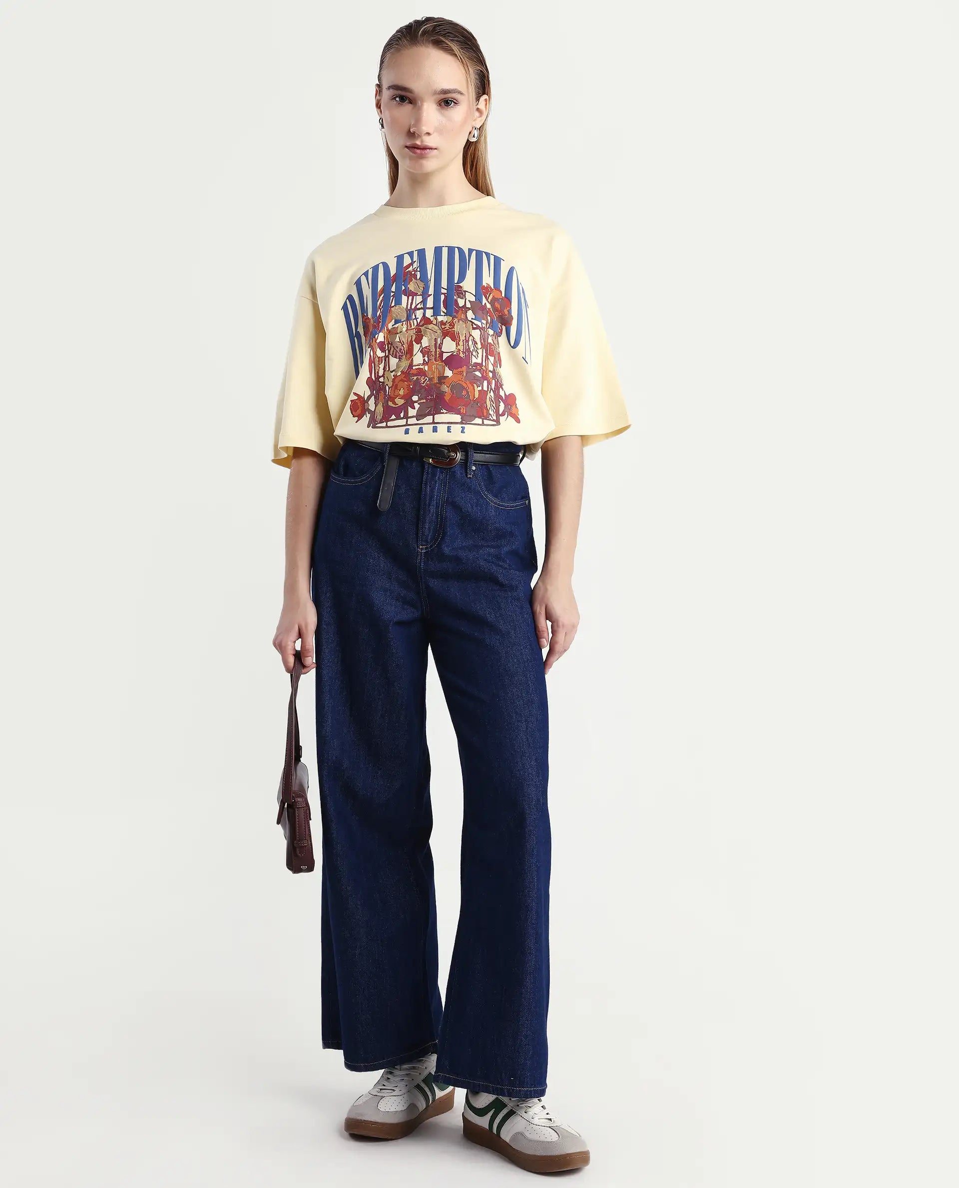 Rareism Women's Sler Dusky Yellow Cotton Crew Neck Graphic Print Oversized T-Shirt