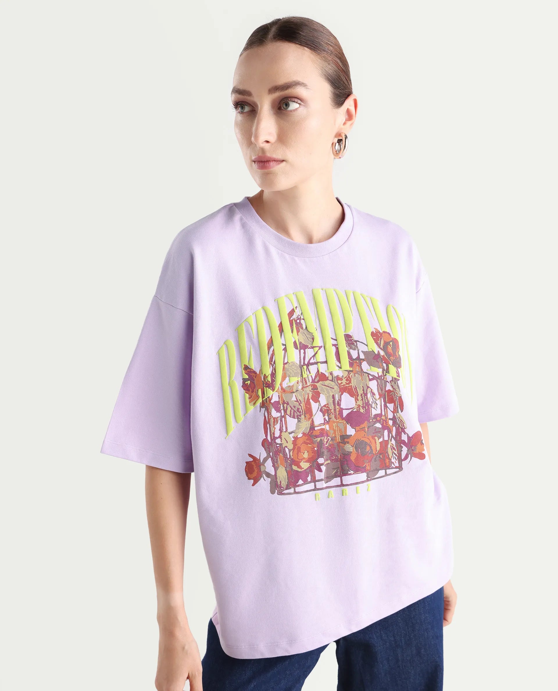 Rareism Women's Sler Light Purple Cotton Crew Neck Graphic Print Oversized T-Shirt