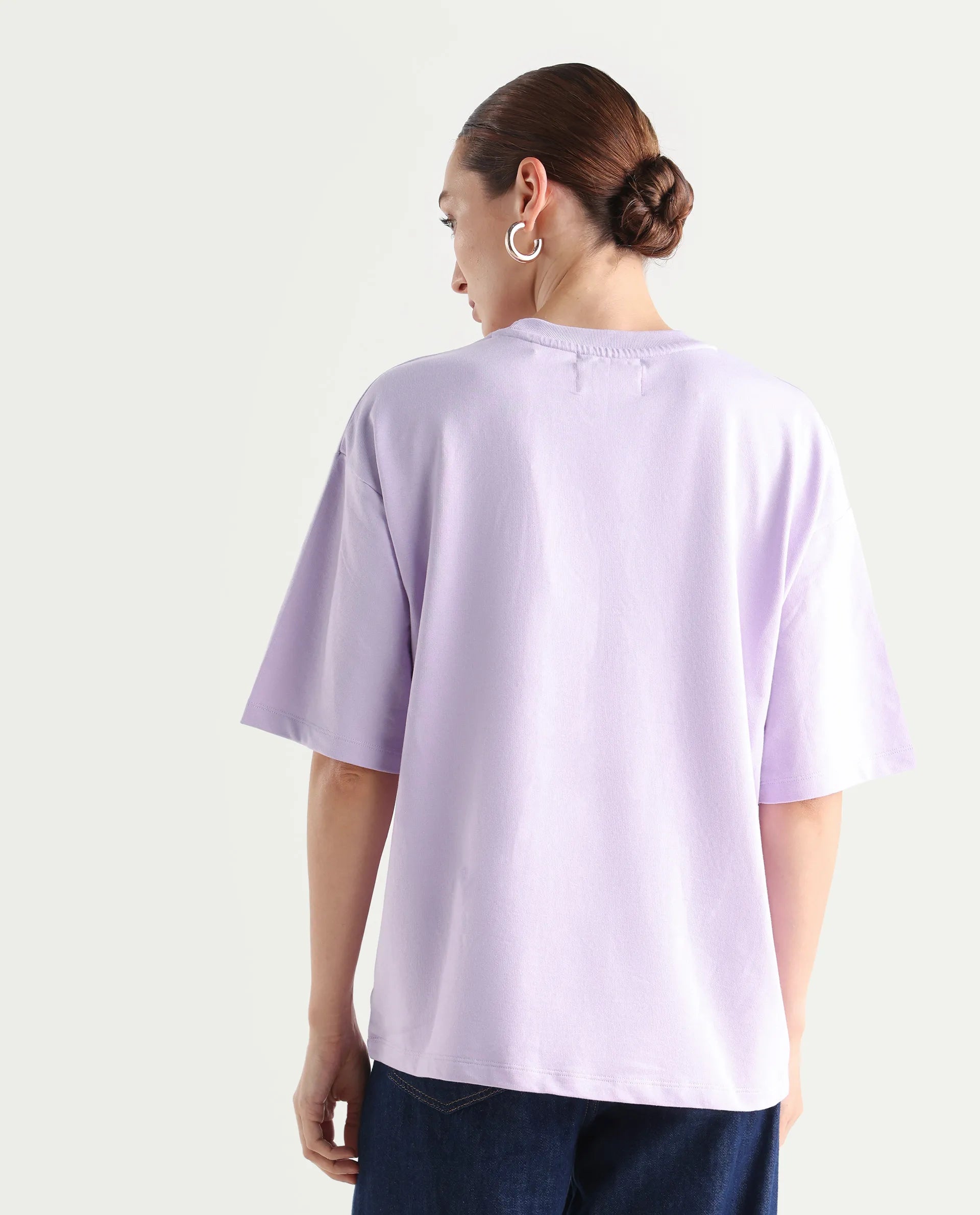 Rareism Women's Sler Light Purple Cotton Crew Neck Graphic Print Oversized T-Shirt