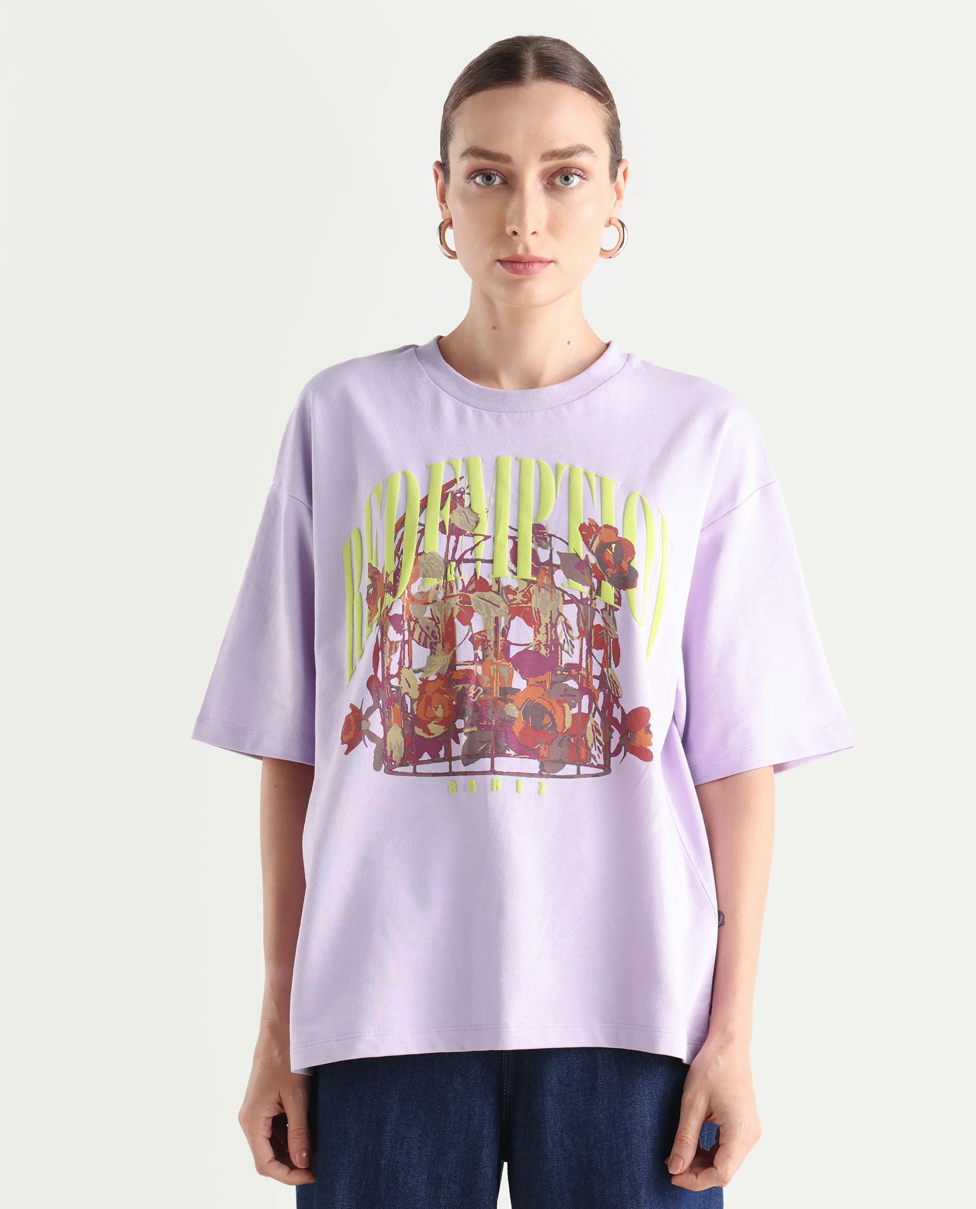 Rareism Women's Sler Light Purple Cotton Crew Neck Graphic Print Oversized T-Shirt