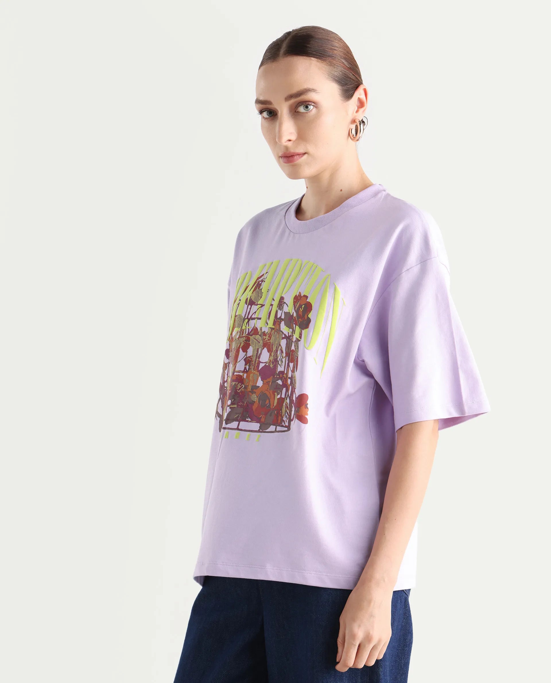 Rareism Women's Sler Light Purple Cotton Crew Neck Graphic Print Oversized T-Shirt