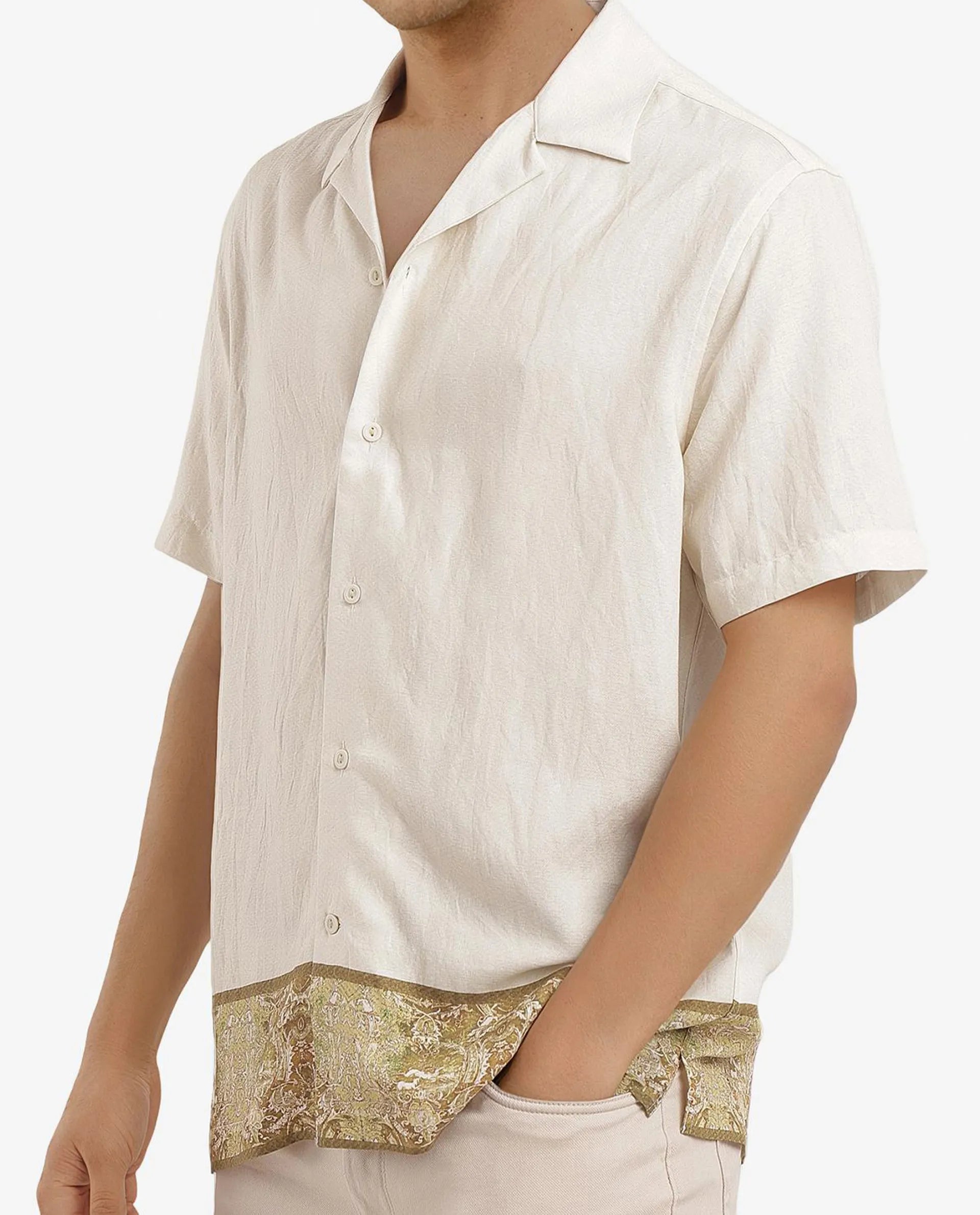 Rare Rabbit Men Slick Beige Cuban Collar Short Sleeve Decorative Placement Print Boxy Fit Shirt