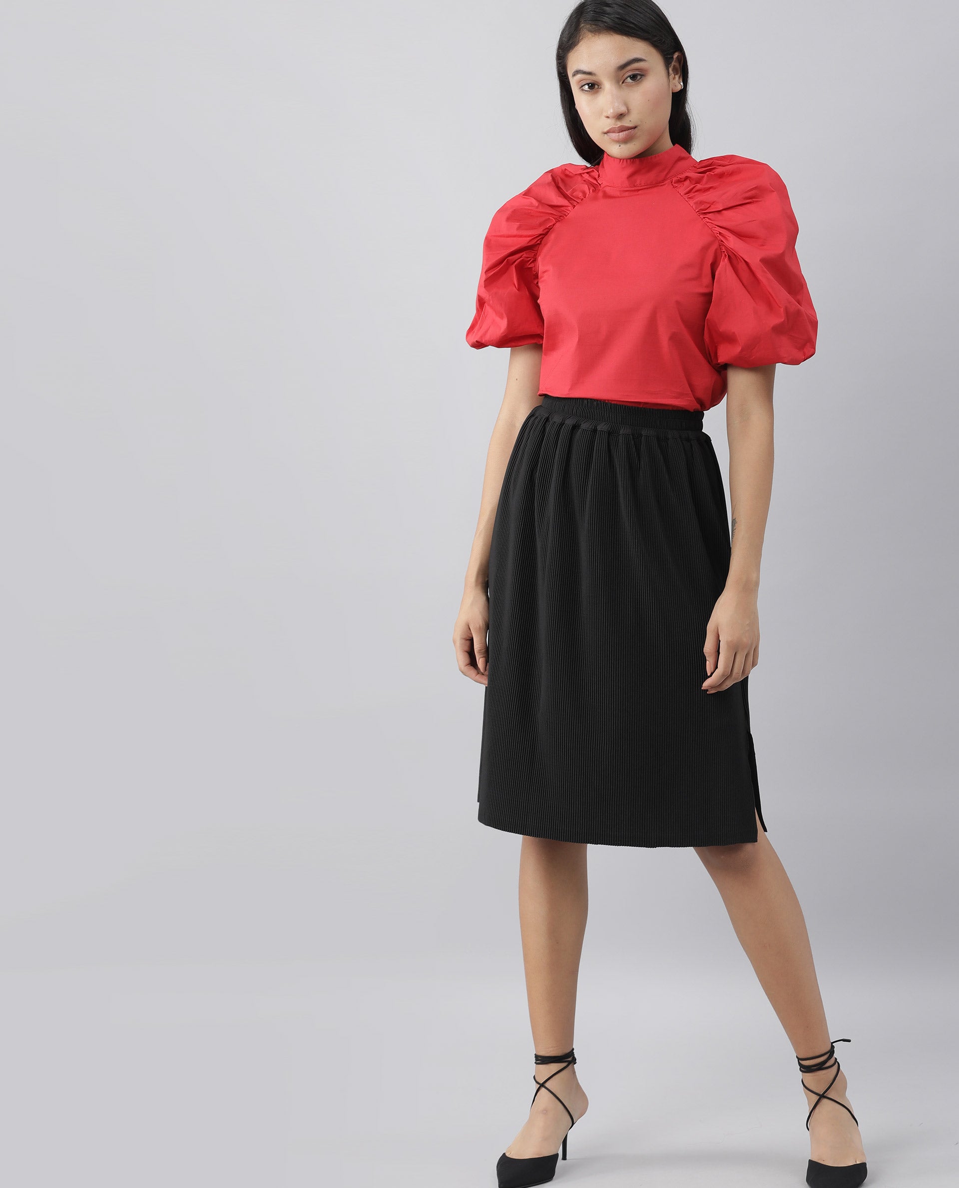 Rareism Womens Slosh Red Top Cotton Lycra Fabric Regular Fit Puff Sleeves High Neck
