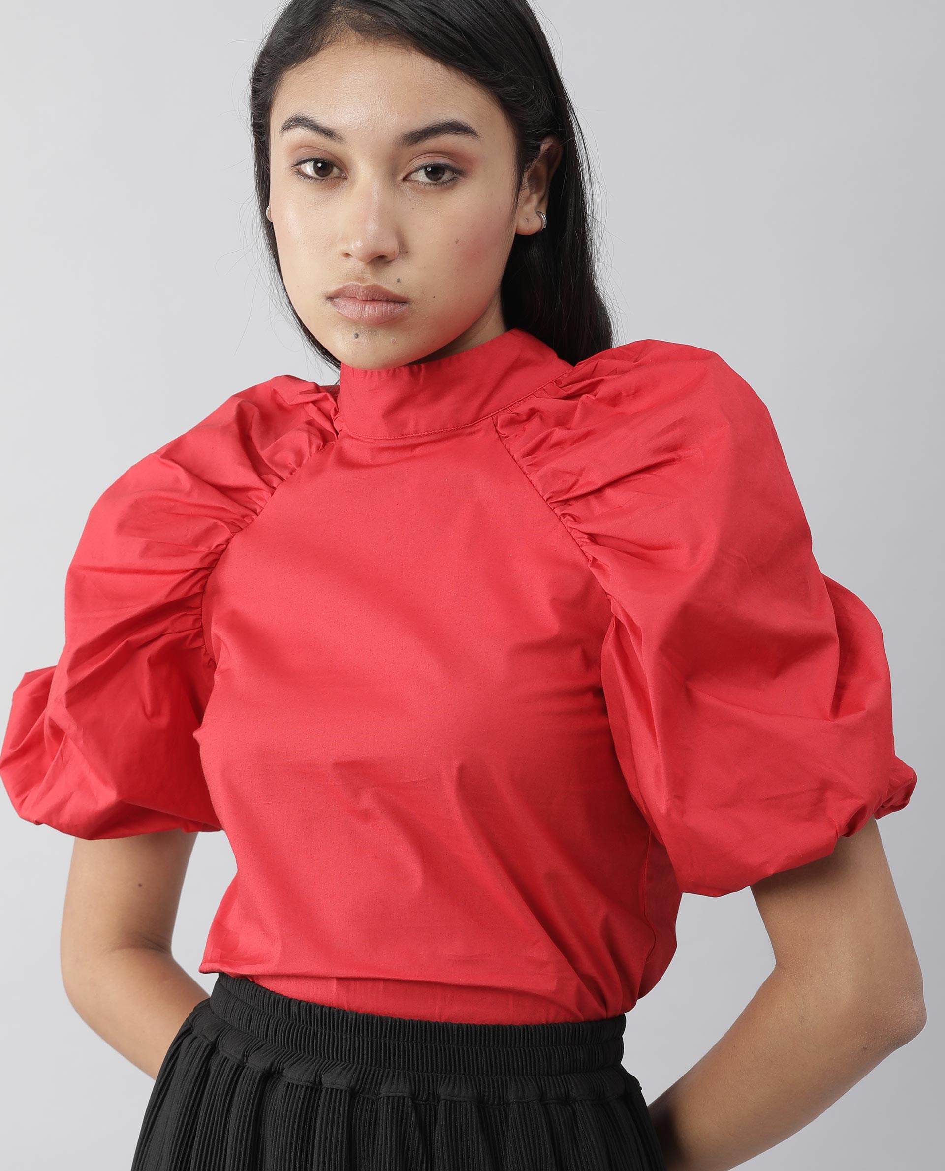 Rareism Womens Slosh Red Top Cotton Lycra Fabric Regular Fit Puff Sleeves High Neck