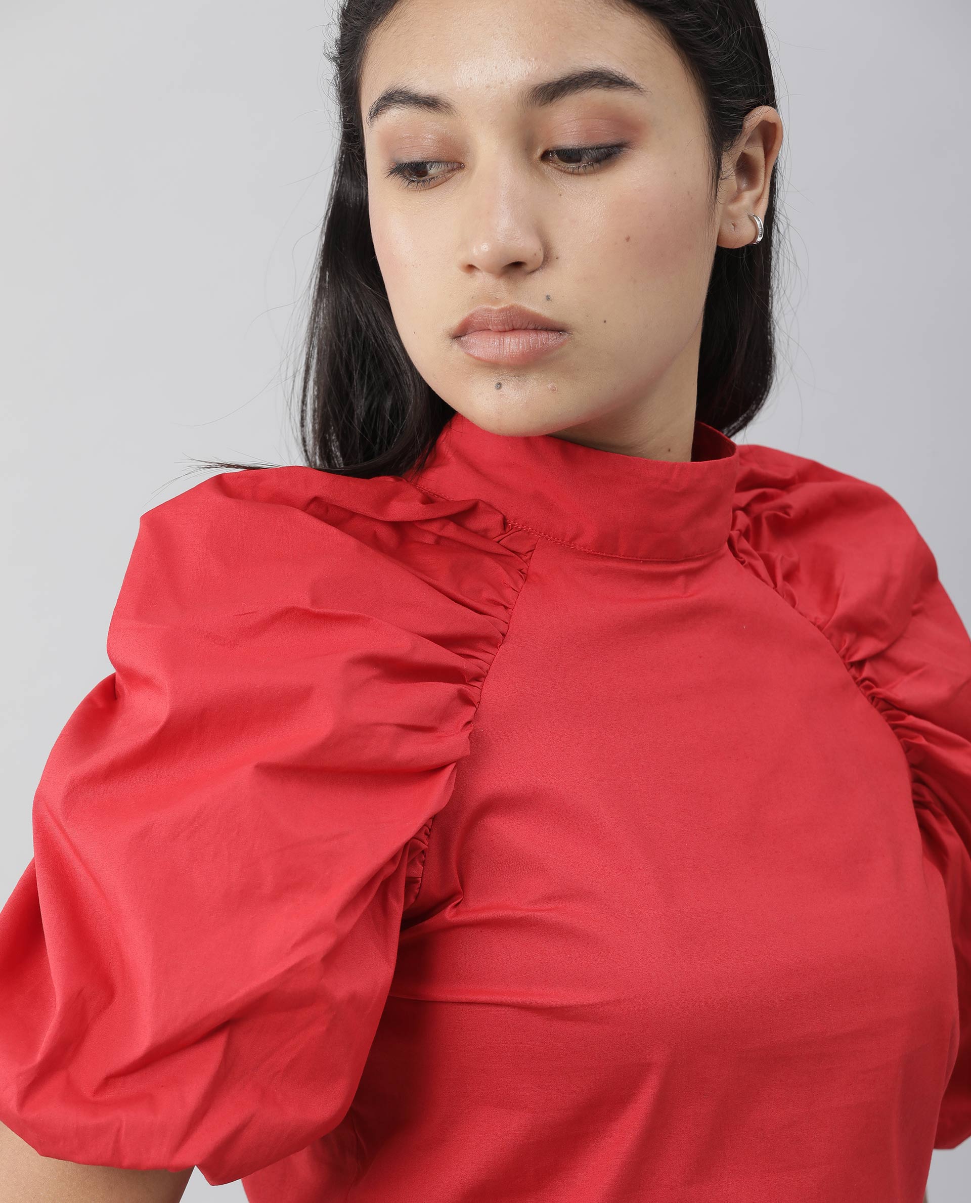 Rareism Womens Slosh Red Top Cotton Lycra Fabric Regular Fit Puff Sleeves High Neck
