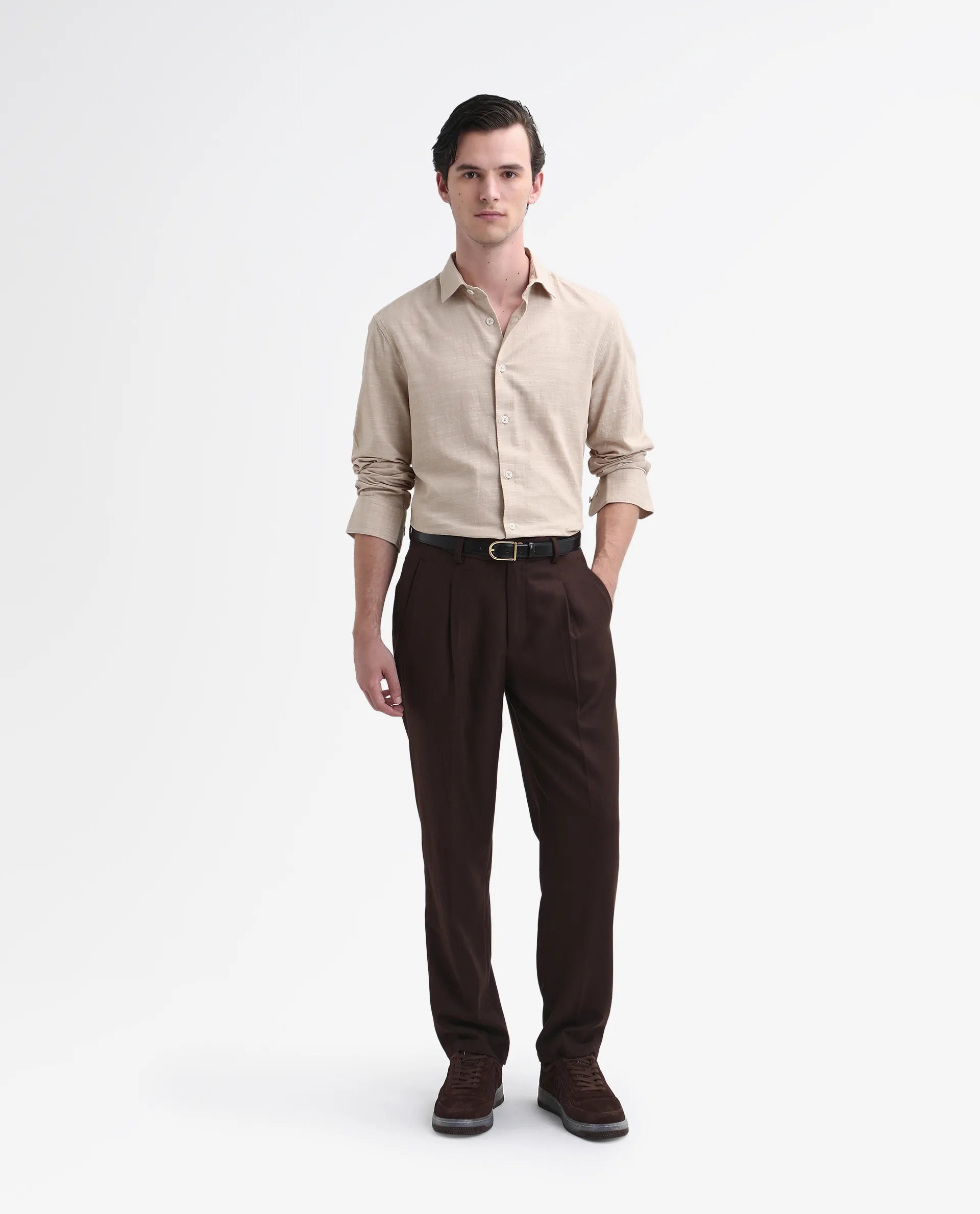 Rare Rabbit Men's Slub Beige Cotton Plain Regular Fit Full Sleeve Collared Shirt