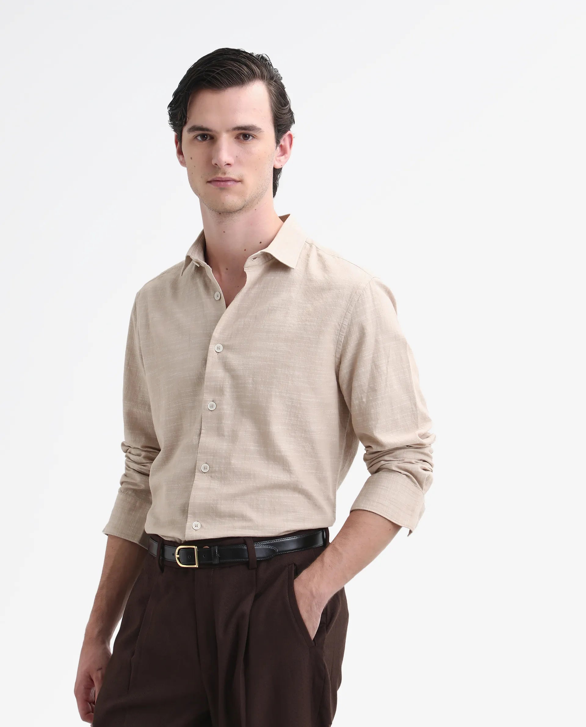 Rare Rabbit Men's Slub Beige Cotton Plain Regular Fit Full Sleeve Collared Shirt