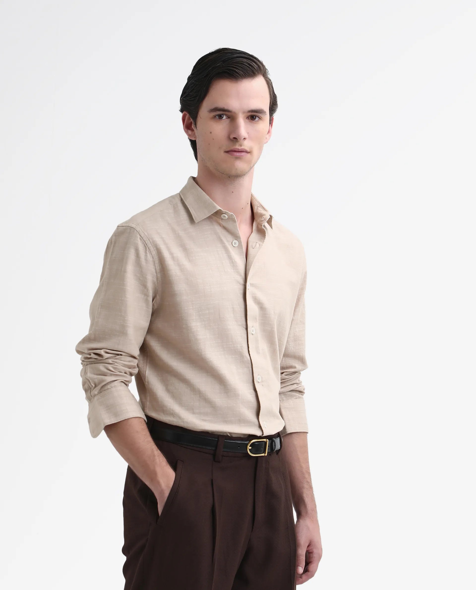 Rare Rabbit Men's Slub Beige Cotton Plain Regular Fit Full Sleeve Collared Shirt