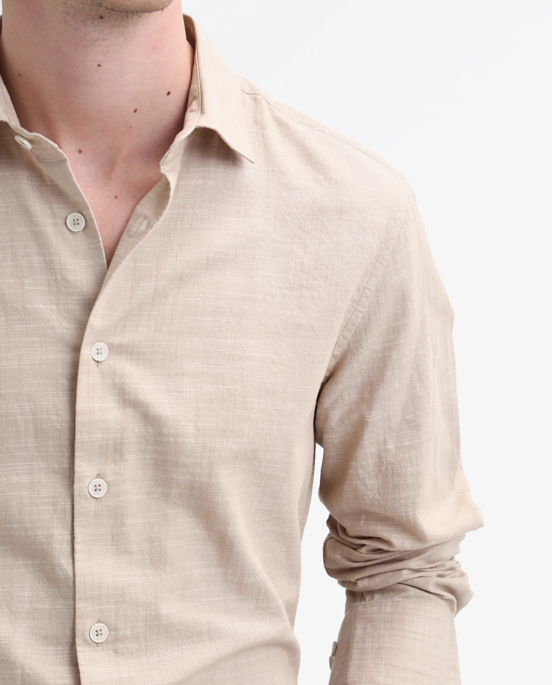Rare Rabbit Men's Slub Beige Cotton Plain Regular Fit Full Sleeve Collared Shirt
