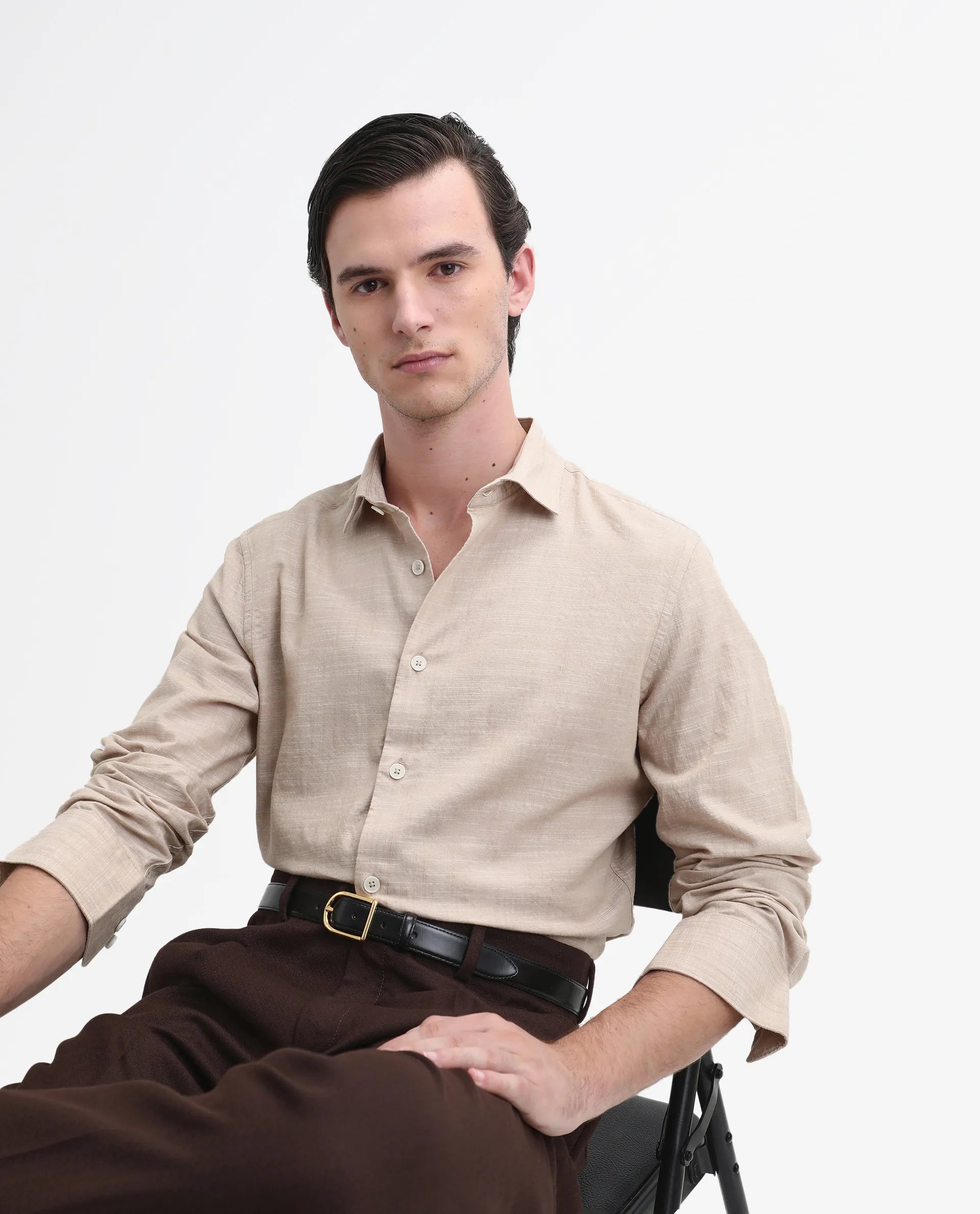 Rare Rabbit Men's Slub Beige Cotton Plain Regular Fit Full Sleeve Collared Shirt