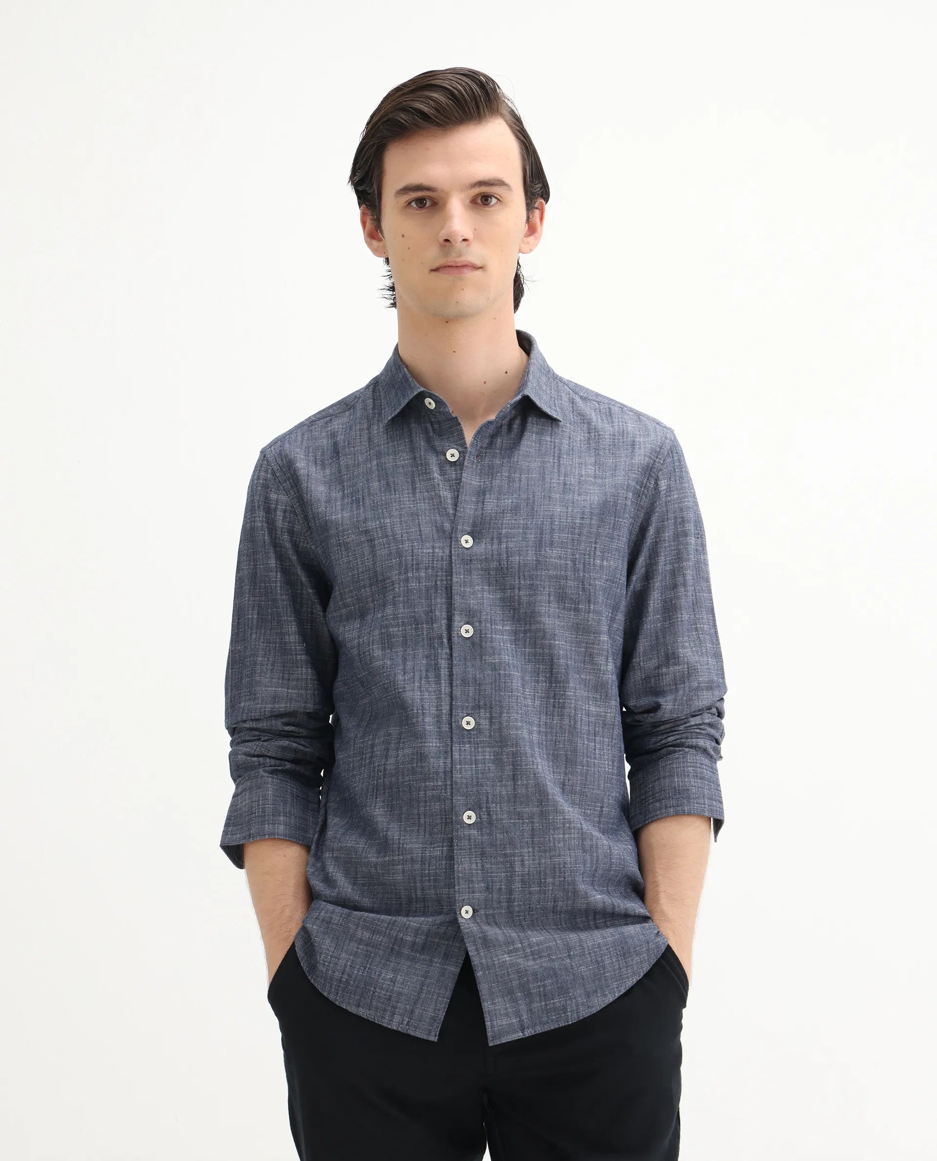 Rare Rabbit Men's Slub Dark Blue Cotton Plain Regular Fit Full Sleeve Collared Shirt