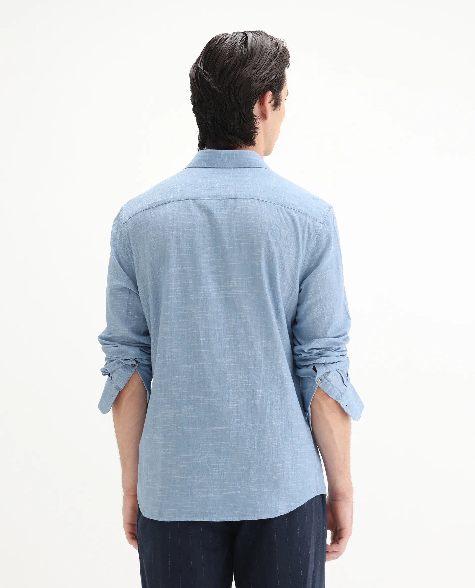 Rare Rabbit Men's Slub Light Blue Cotton Plain Regular Fit Full Sleeve Collared Shirt