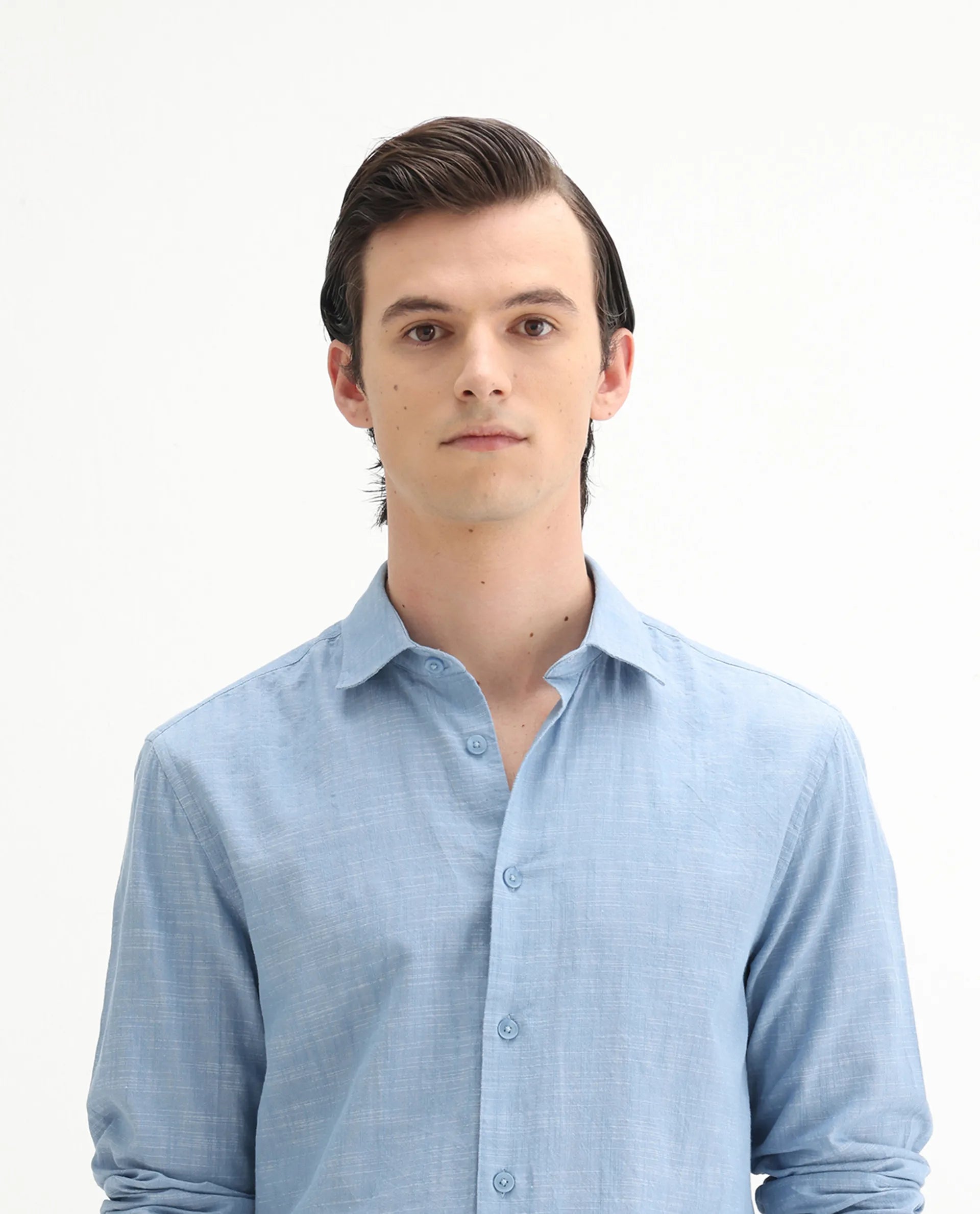 Rare Rabbit Men's Slub Light Blue Cotton Plain Regular Fit Full Sleeve Collared Shirt