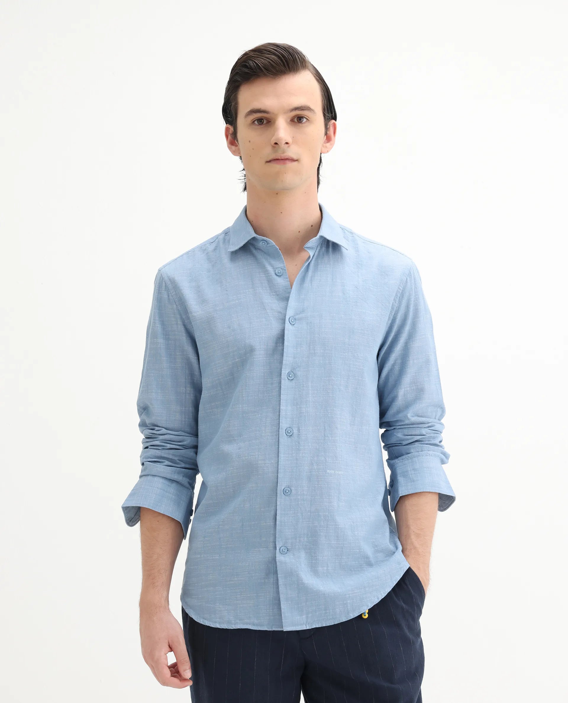 Rare Rabbit Men's Slub Light Blue Cotton Plain Regular Fit Full Sleeve Collared Shirt