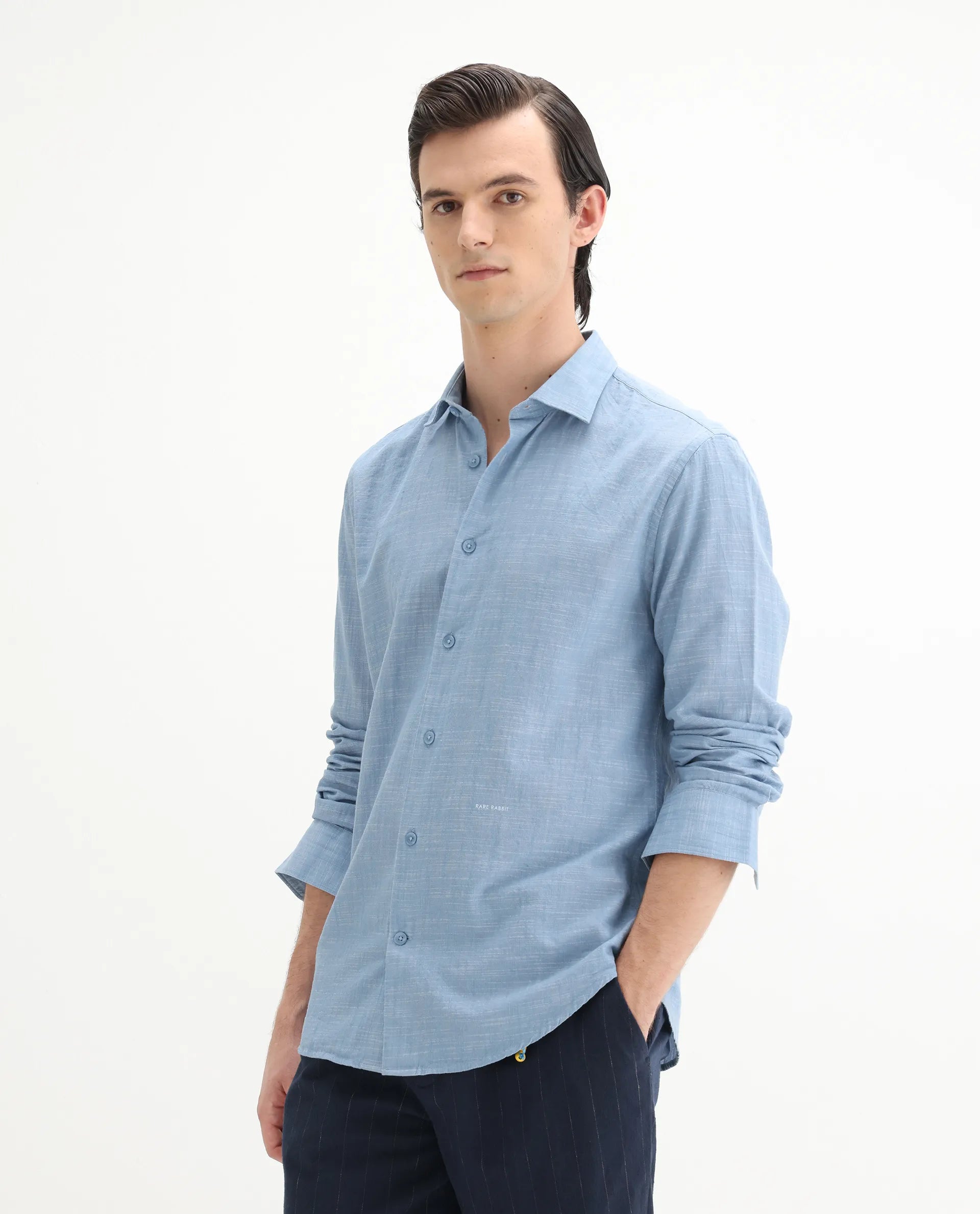 Rare Rabbit Men's Slub Light Blue Cotton Plain Regular Fit Full Sleeve Collared Shirt