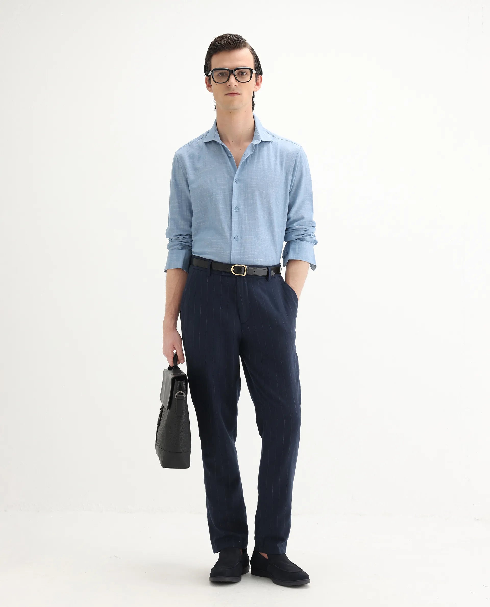 Rare Rabbit Men's Slub Light Blue Cotton Plain Regular Fit Full Sleeve Collared Shirt