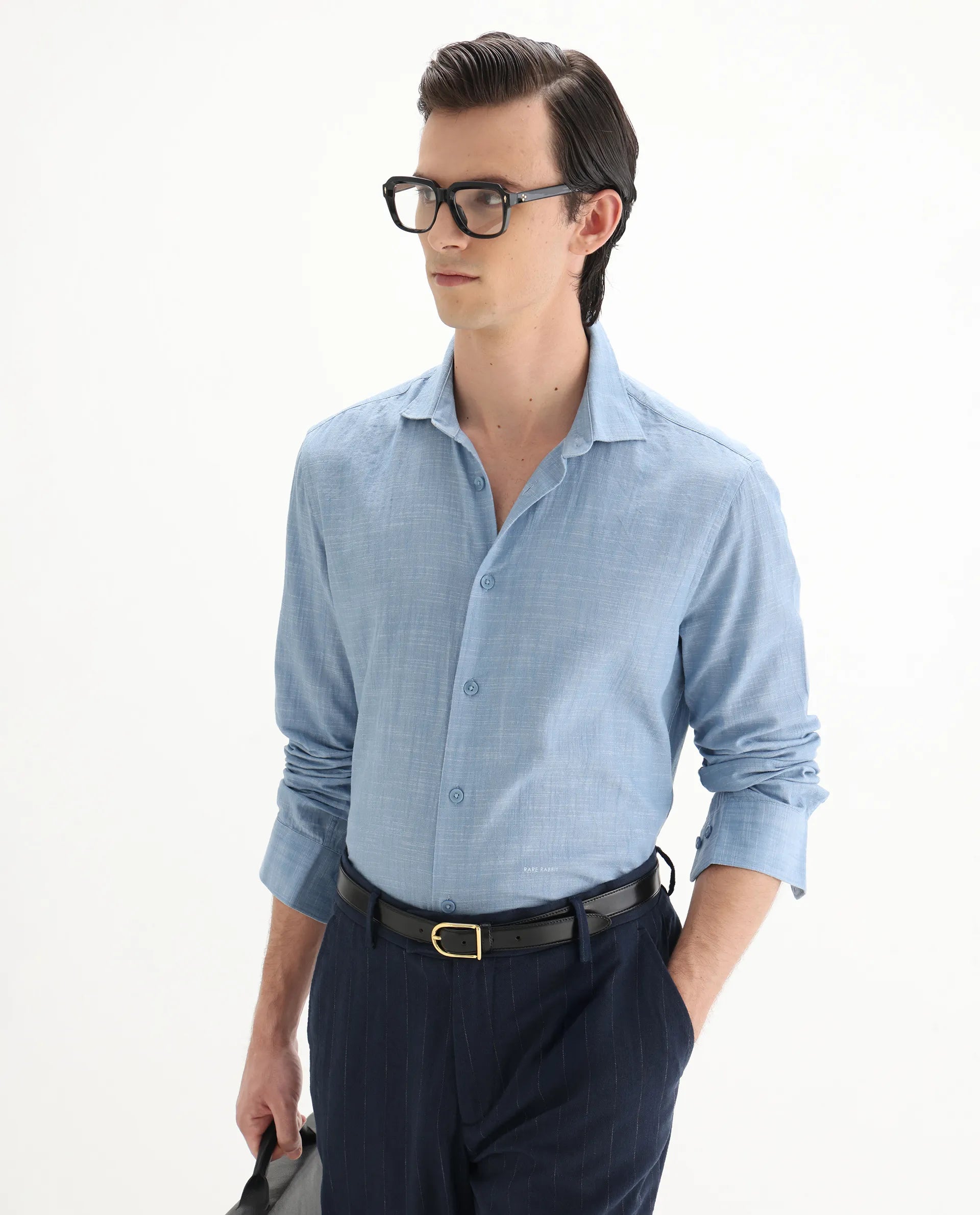 Rare Rabbit Men's Slub Light Blue Cotton Plain Regular Fit Full Sleeve Collared Shirt