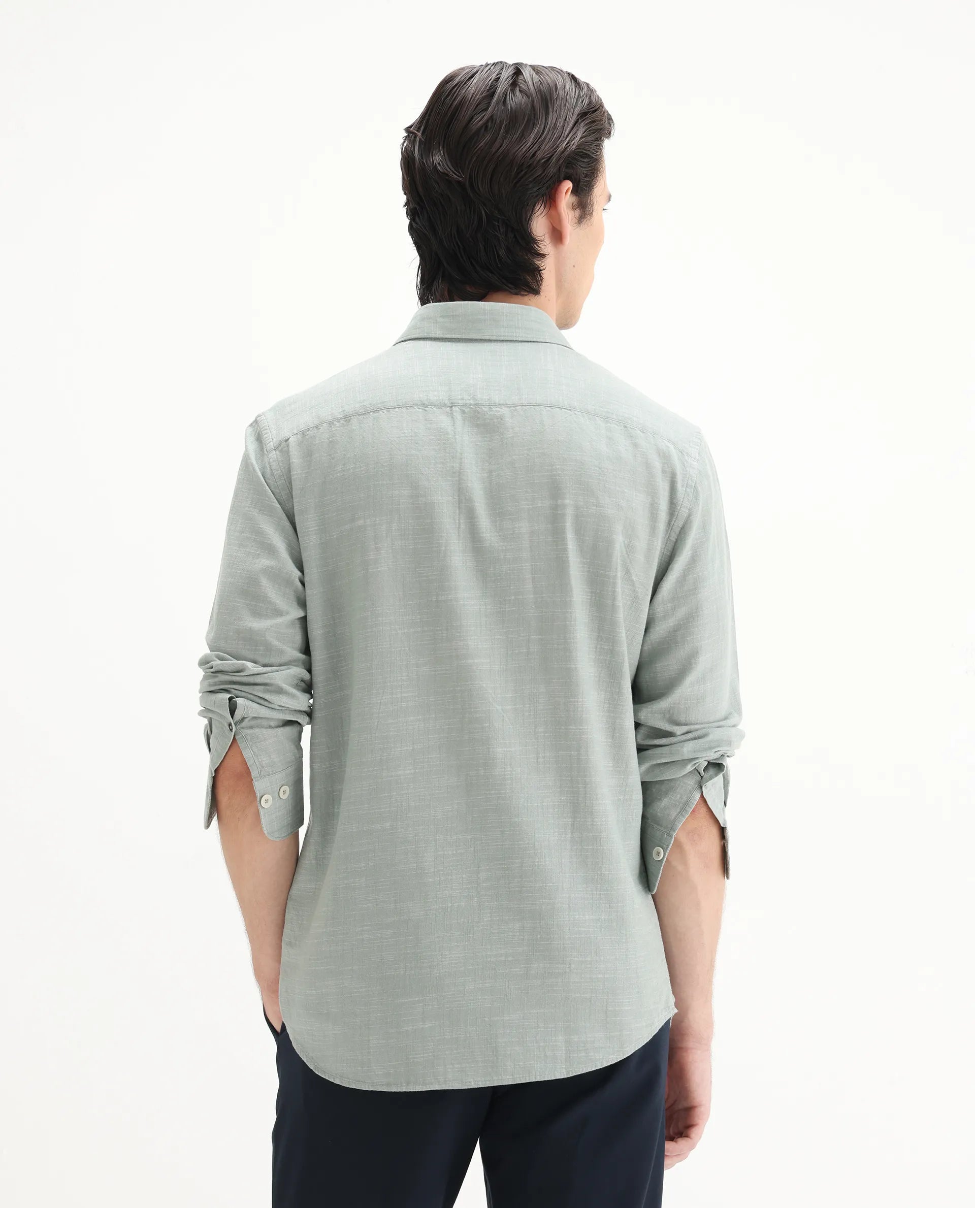 Rare Rabbit Men's Slub Sage Cotton Plain Regular Fit Full Sleeve Collared Shirt