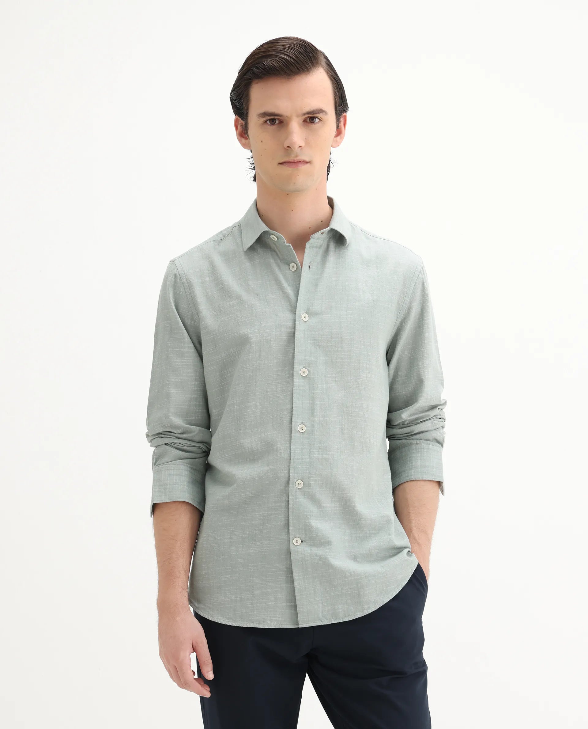 Rare Rabbit Men's Slub Sage Cotton Plain Regular Fit Full Sleeve Collared Shirt