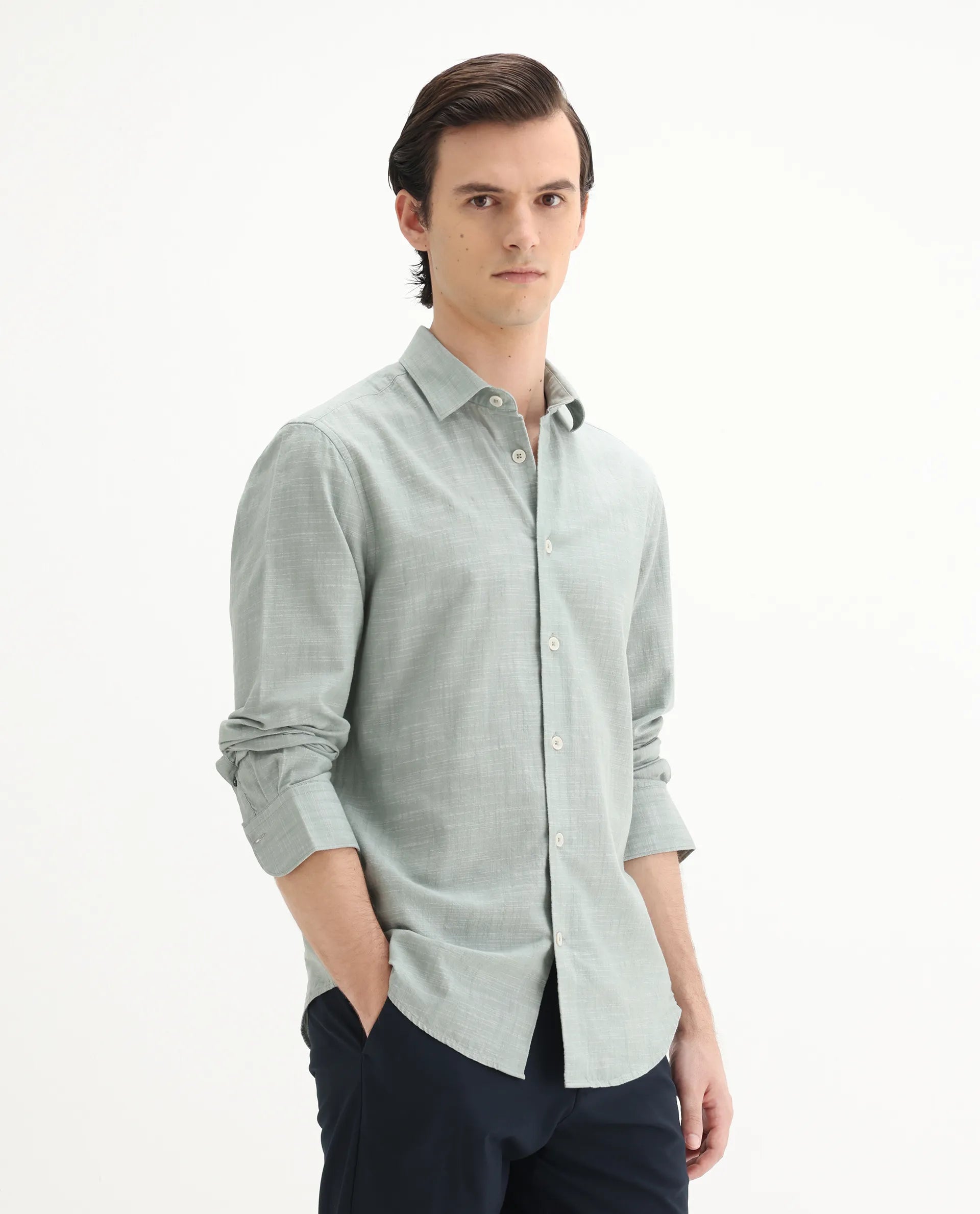 Rare Rabbit Men's Slub Sage Cotton Plain Regular Fit Full Sleeve Collared Shirt