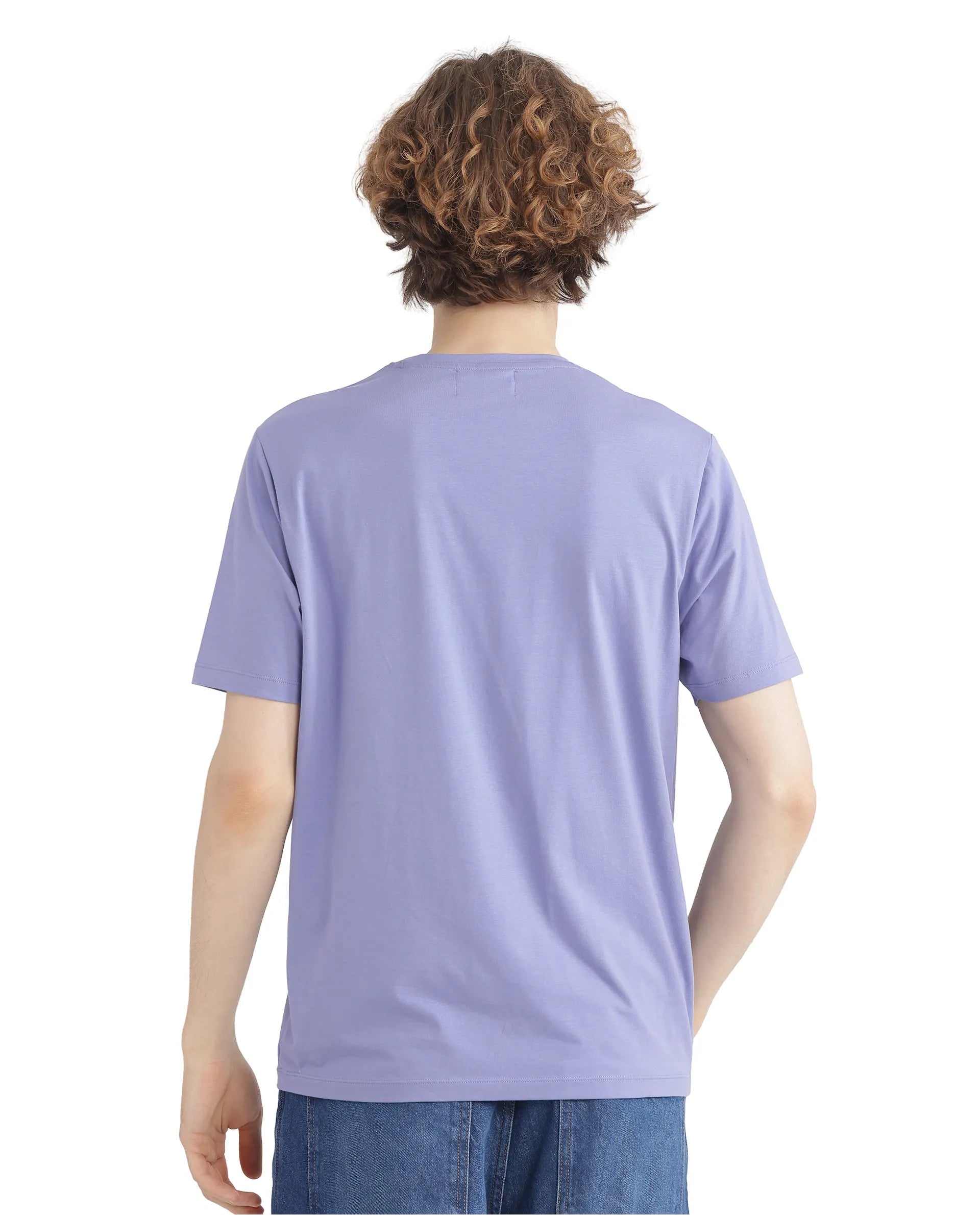 Rare Rabbit Men Slyn Pastel Purple Cotton Blend Fabric Short Sleeve Crew Neck HD Print T-Shirt