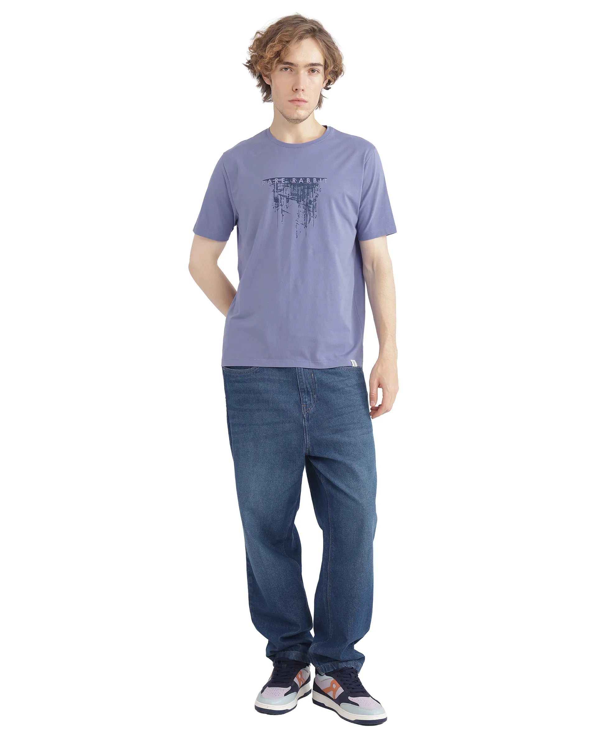 Rare Rabbit Men Slyn Pastel Purple Cotton Blend Fabric Short Sleeve Crew Neck HD Print T-Shirt