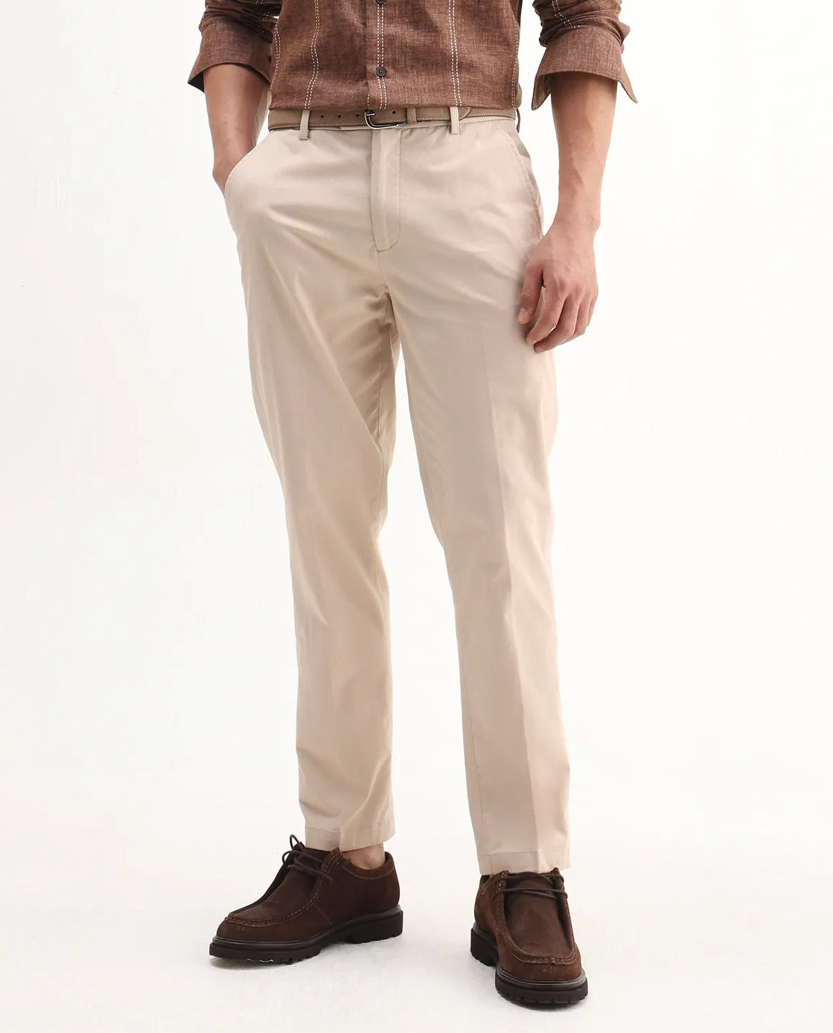 Rare Rabbit Men's Smart Beige Cotton Blend Plain Regular Fit Trouser