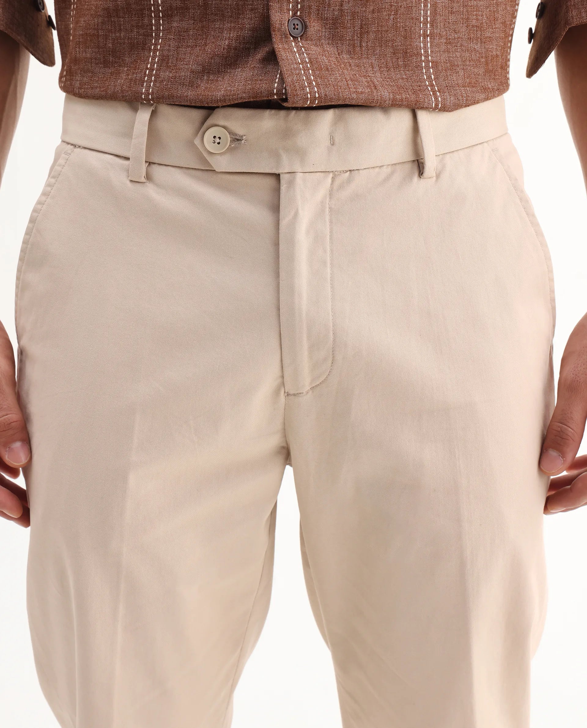 Rare Rabbit Men's Smart Beige Cotton Blend Plain Regular Fit Trouser
