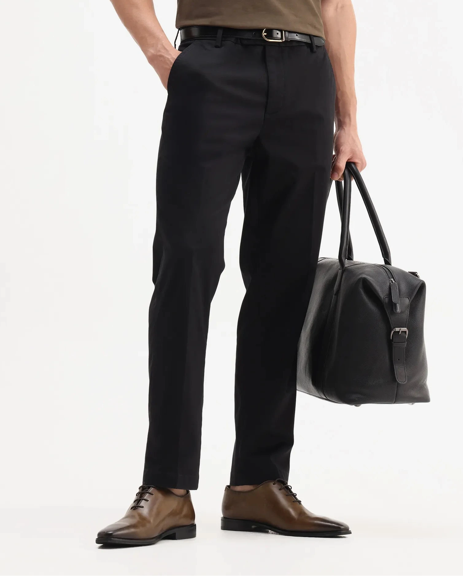Rare Rabbit Men's Smart Black Cotton Blend Plain Regular Fit Trouser
