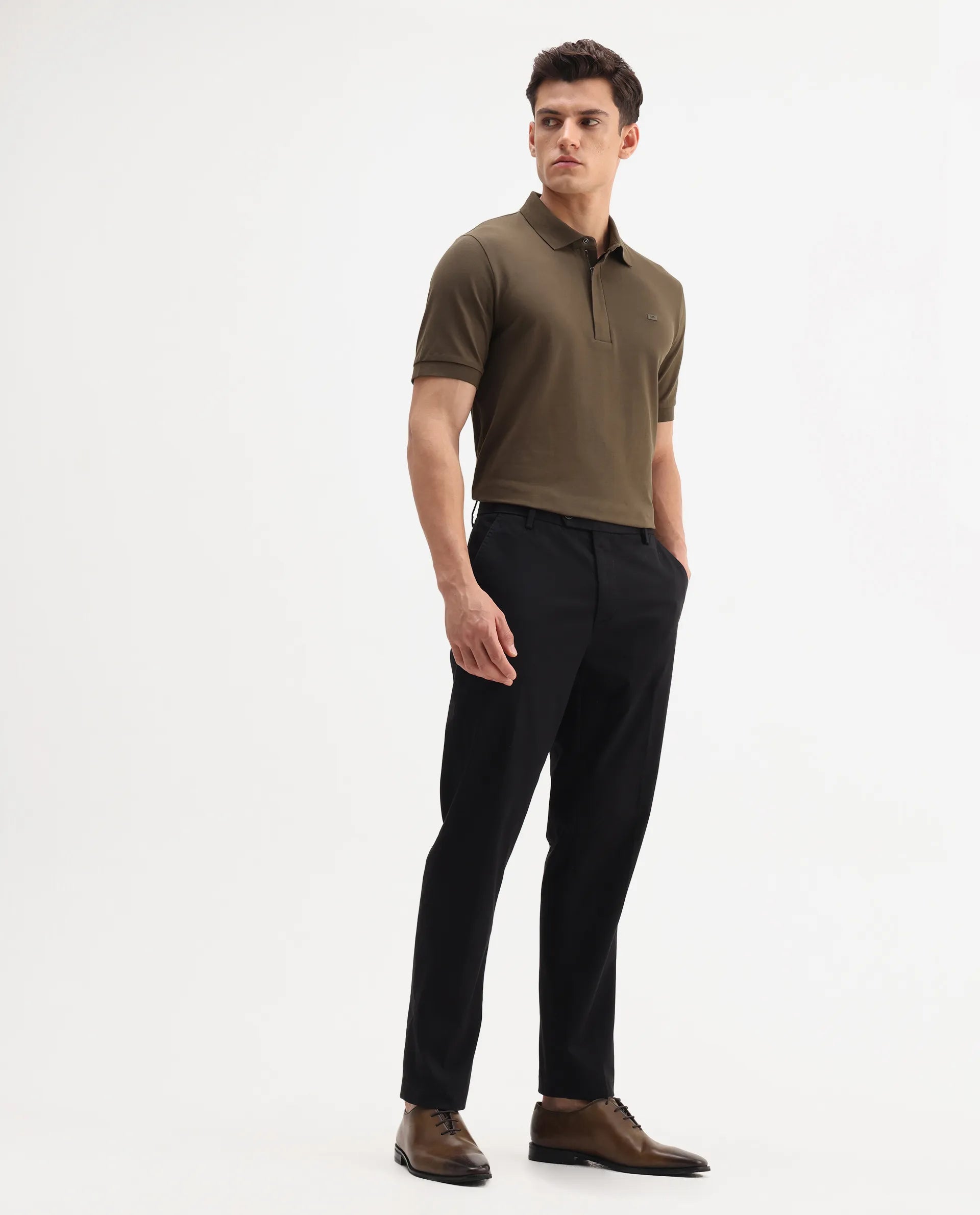 Rare Rabbit Men's Smart Black Cotton Blend Plain Regular Fit Trouser