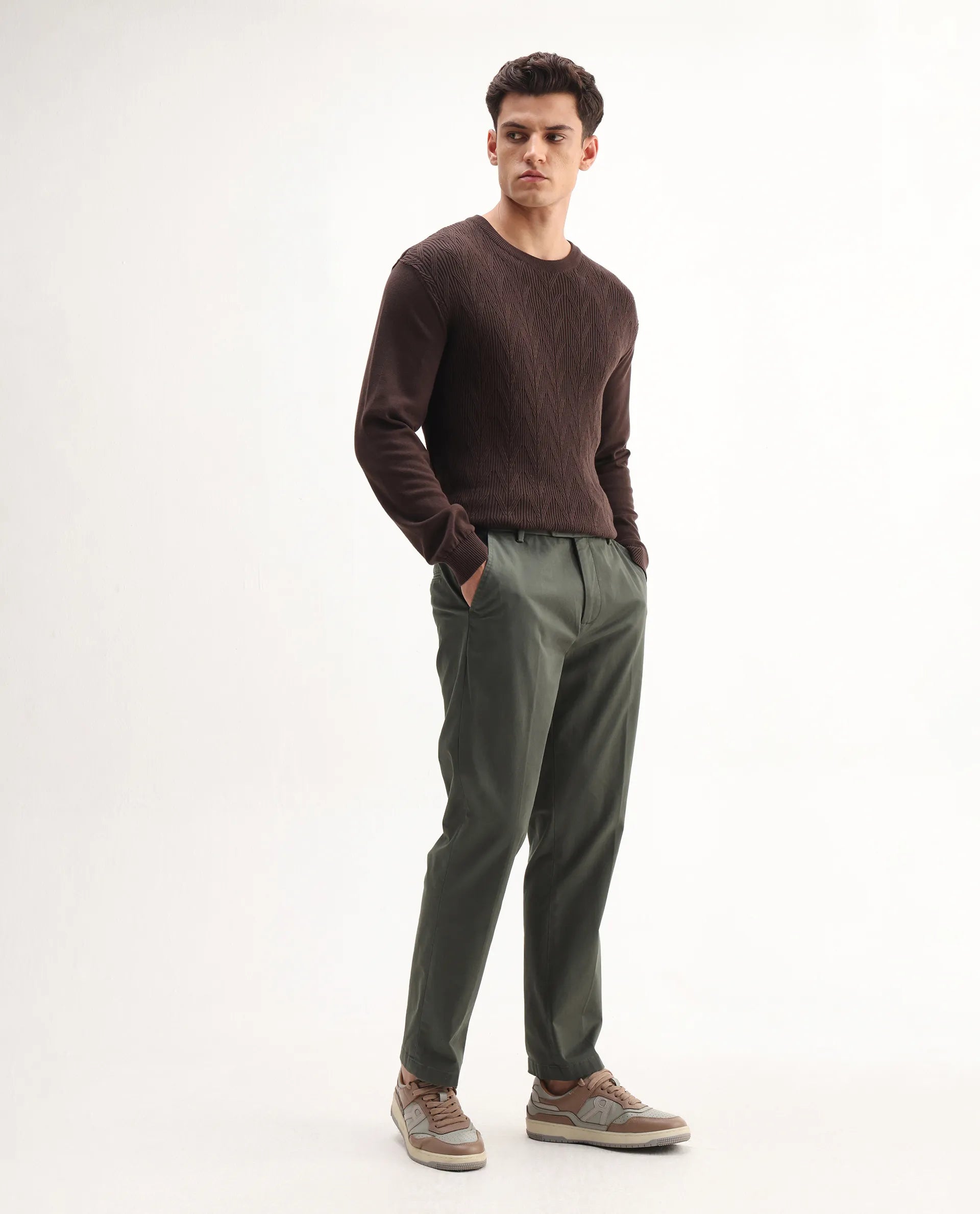 Rare Rabbit Men's Smart Dusky Green Cotton Blend Plain Regular Fit Trouser