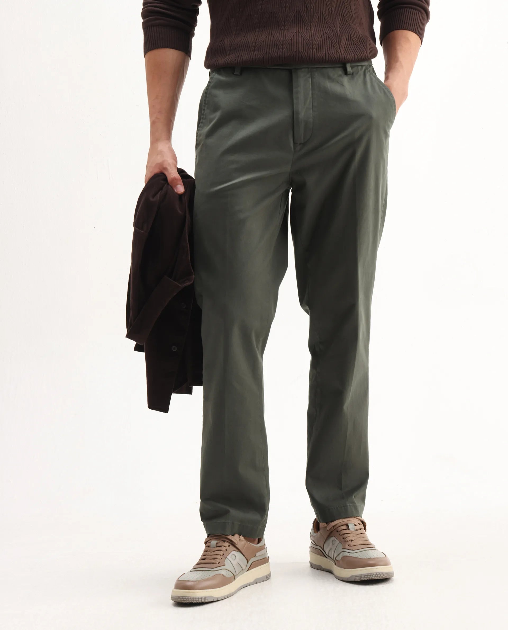 Rare Rabbit Men's Smart Dusky Green Cotton Blend Plain Regular Fit Trouser