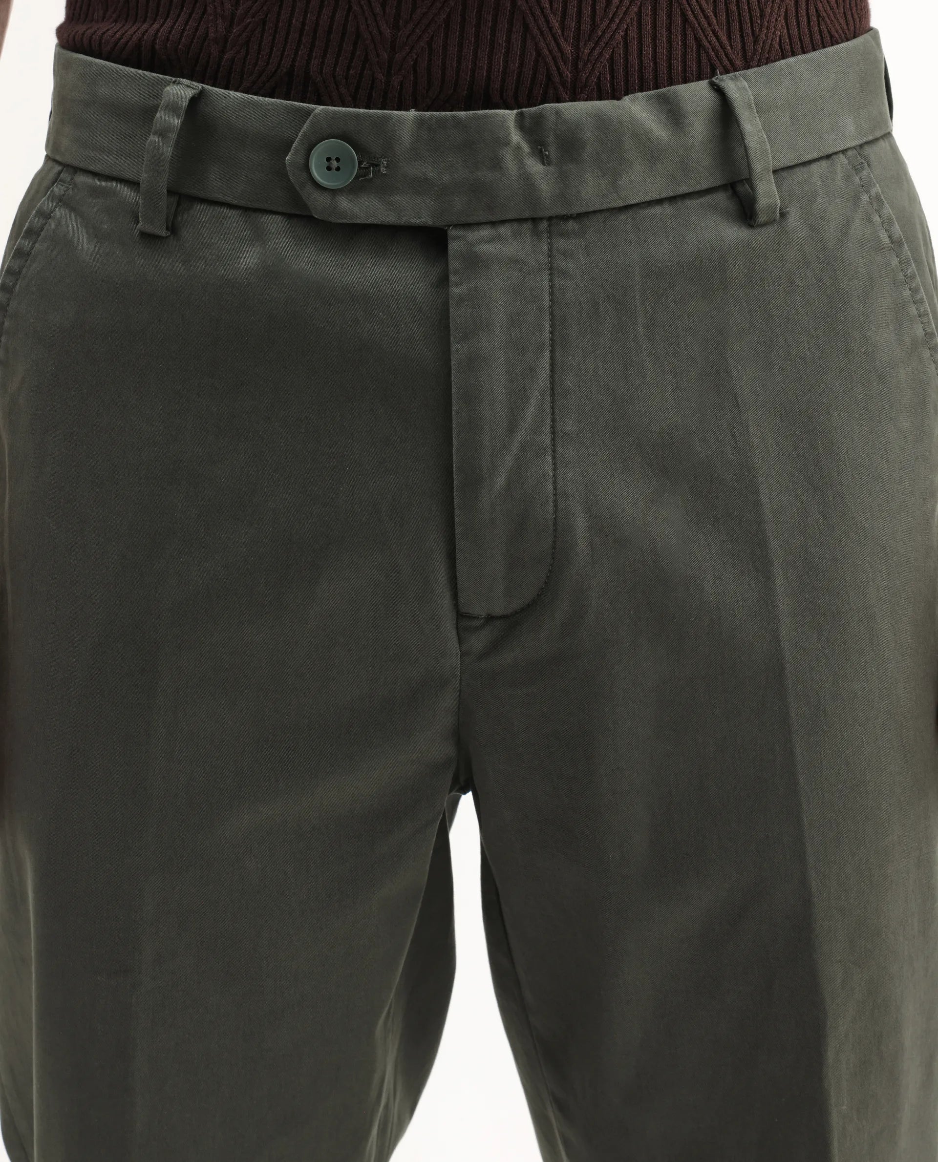 Rare Rabbit Men's Smart Dusky Green Cotton Blend Plain Regular Fit Trouser