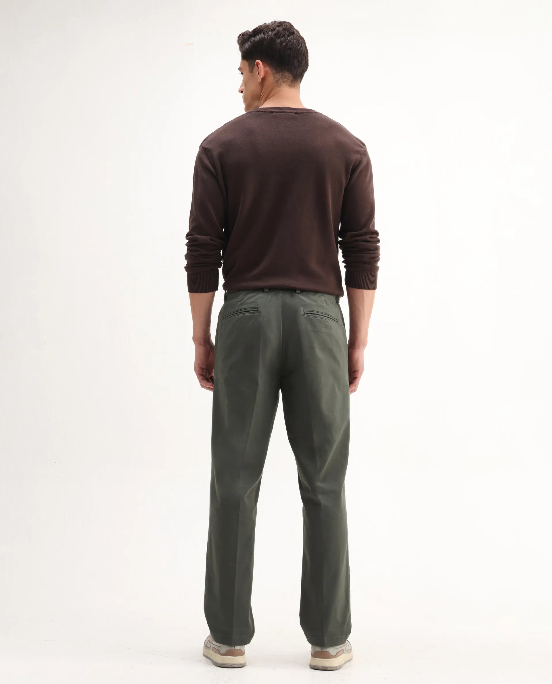 Rare Rabbit Men's Smart Dusky Green Cotton Blend Plain Regular Fit Trouser