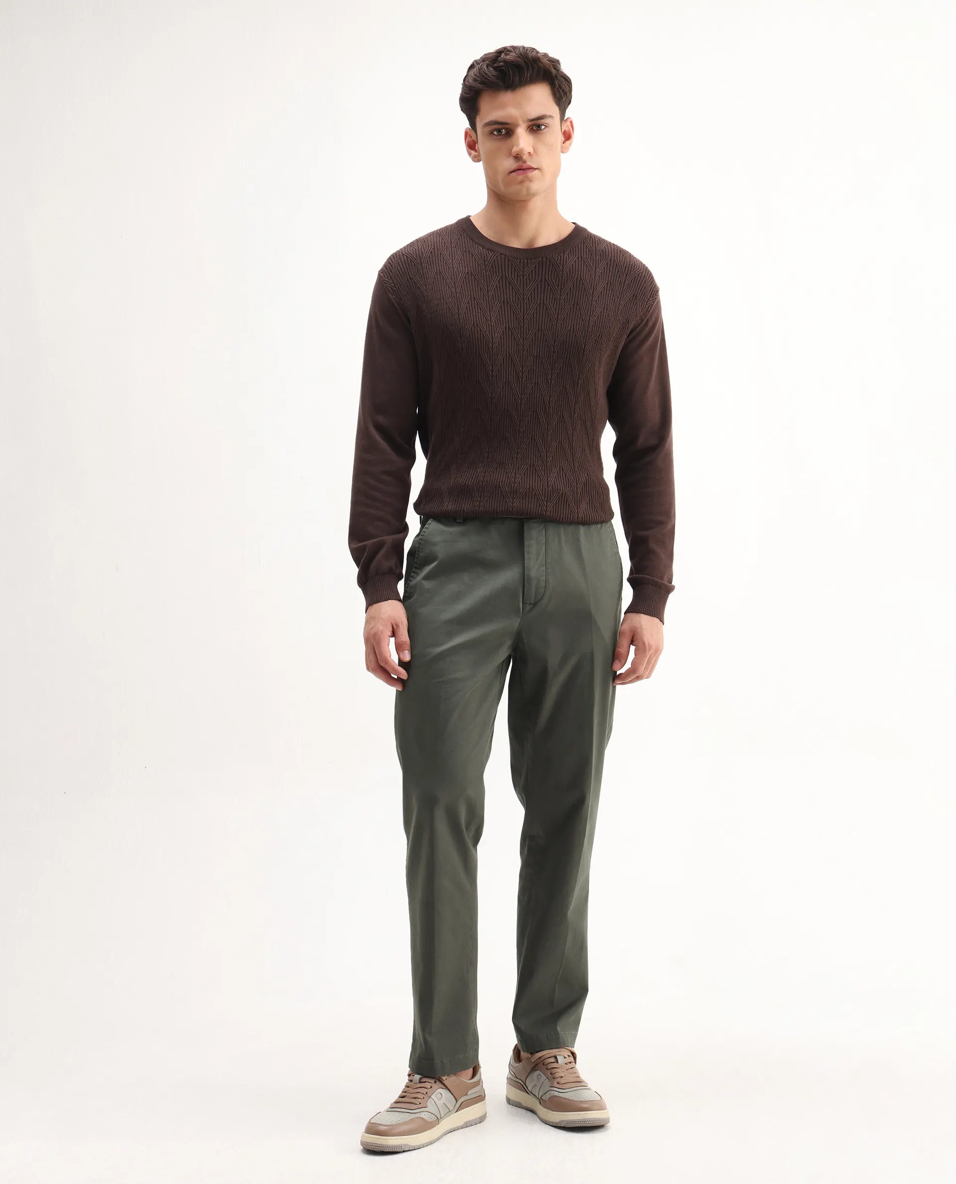 Rare Rabbit Men's Smart Dusky Green Cotton Blend Plain Regular Fit Trouser