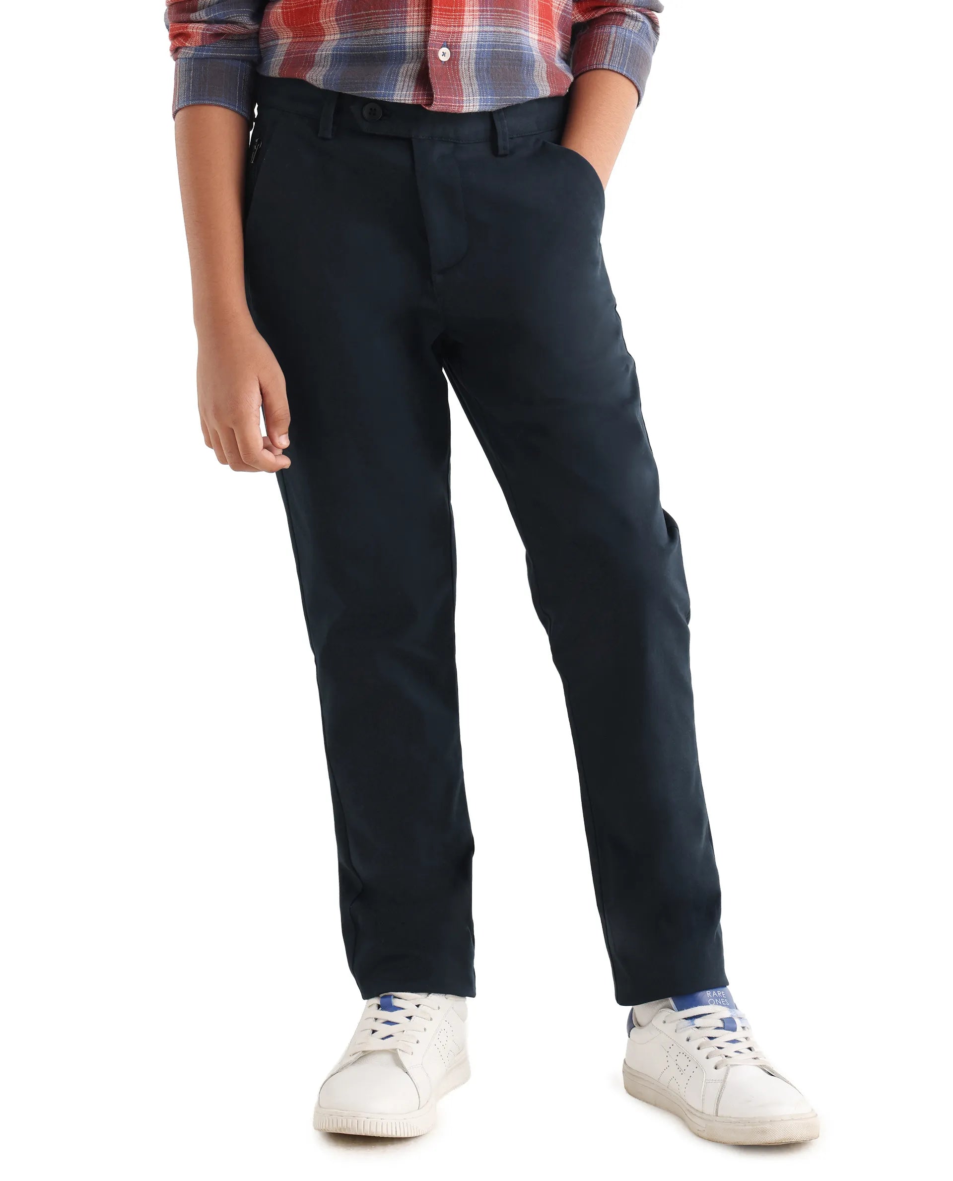 Rare Ones Kids Smart-K Navy Cotton Blend Solid Button Closure Regular Fit Trouser