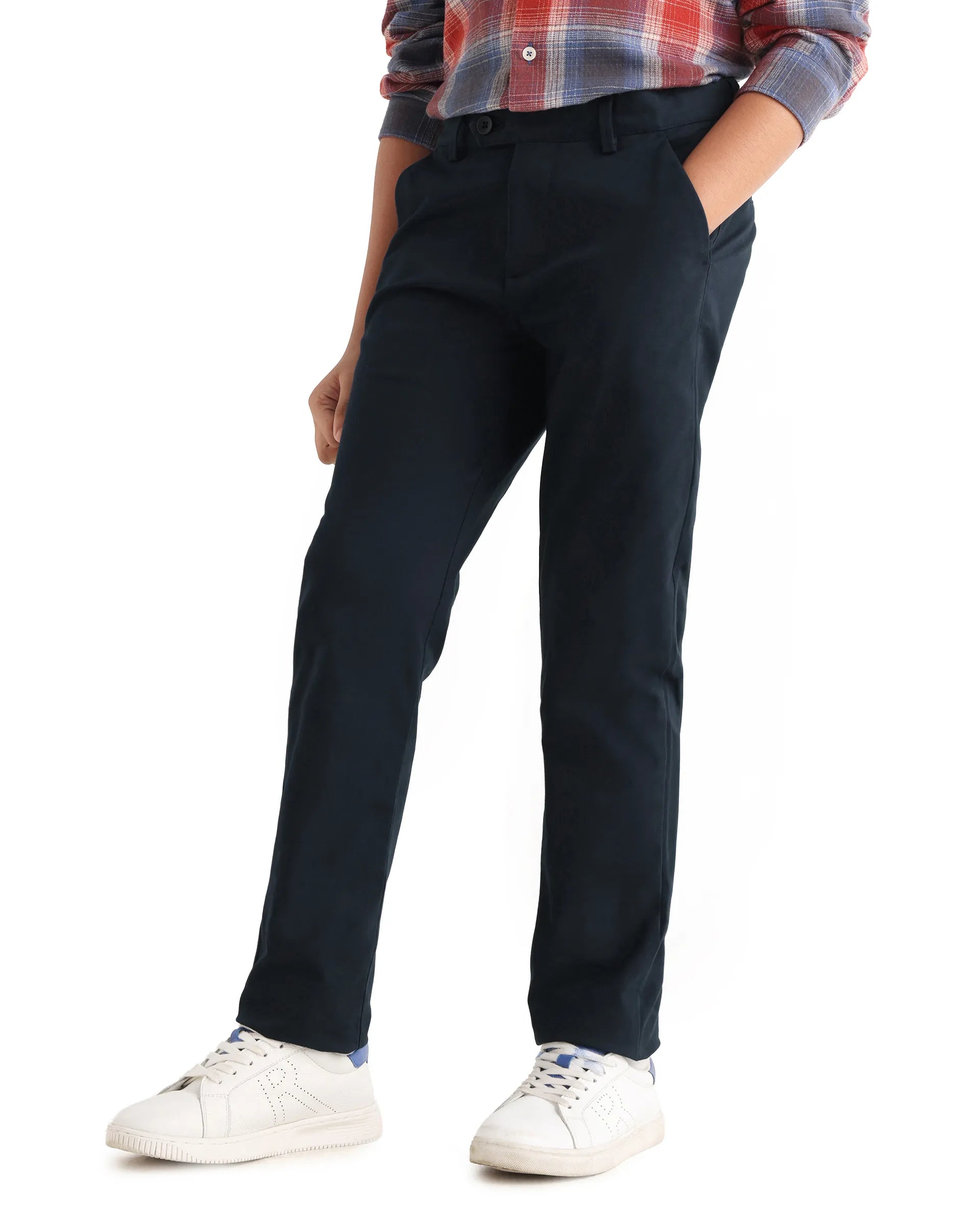 Rare Ones Kids Smart-K Navy Cotton Blend Solid Button Closure Regular Fit Trouser