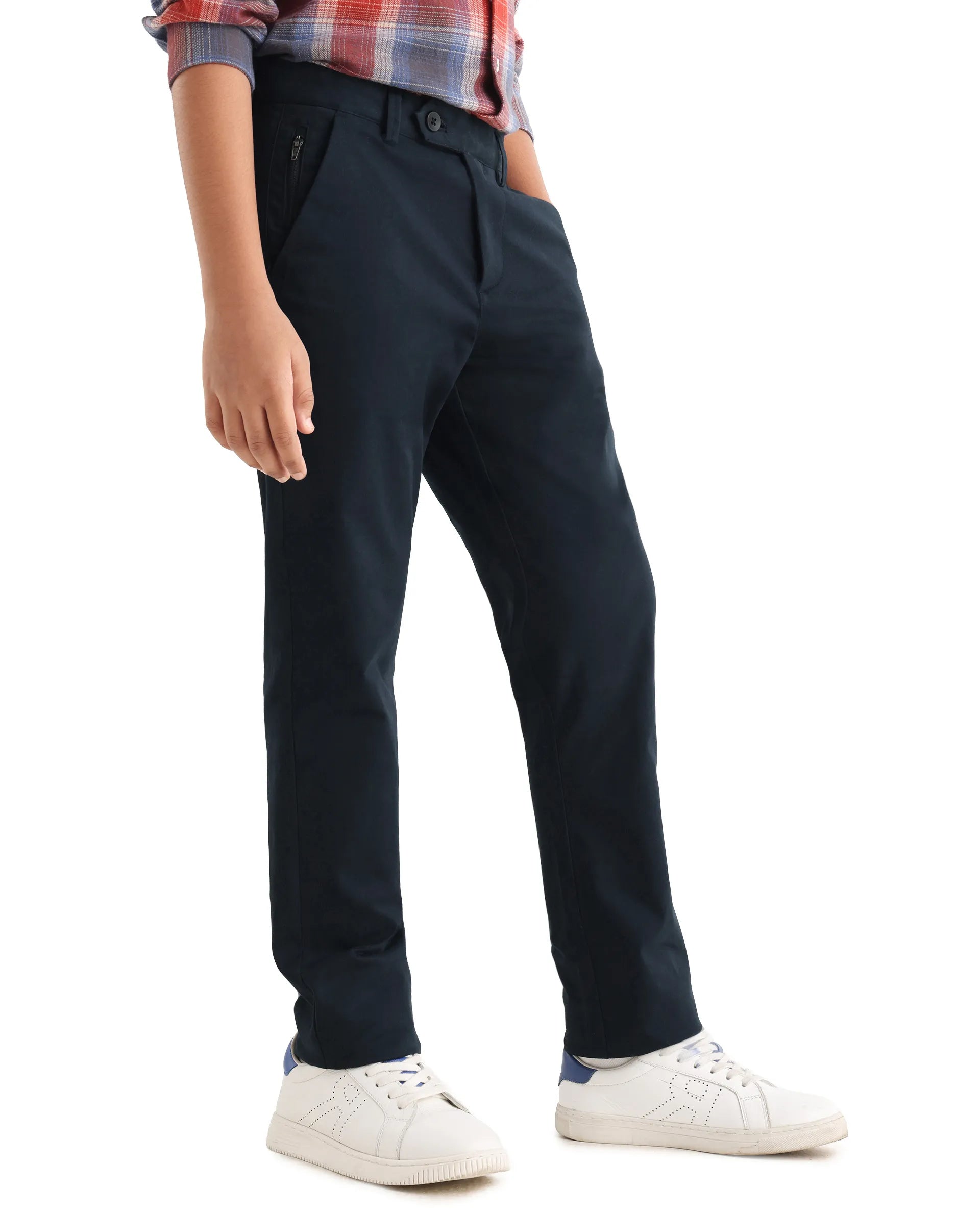 Rare Ones Kids Smart-K Navy Cotton Blend Solid Button Closure Regular Fit Trouser