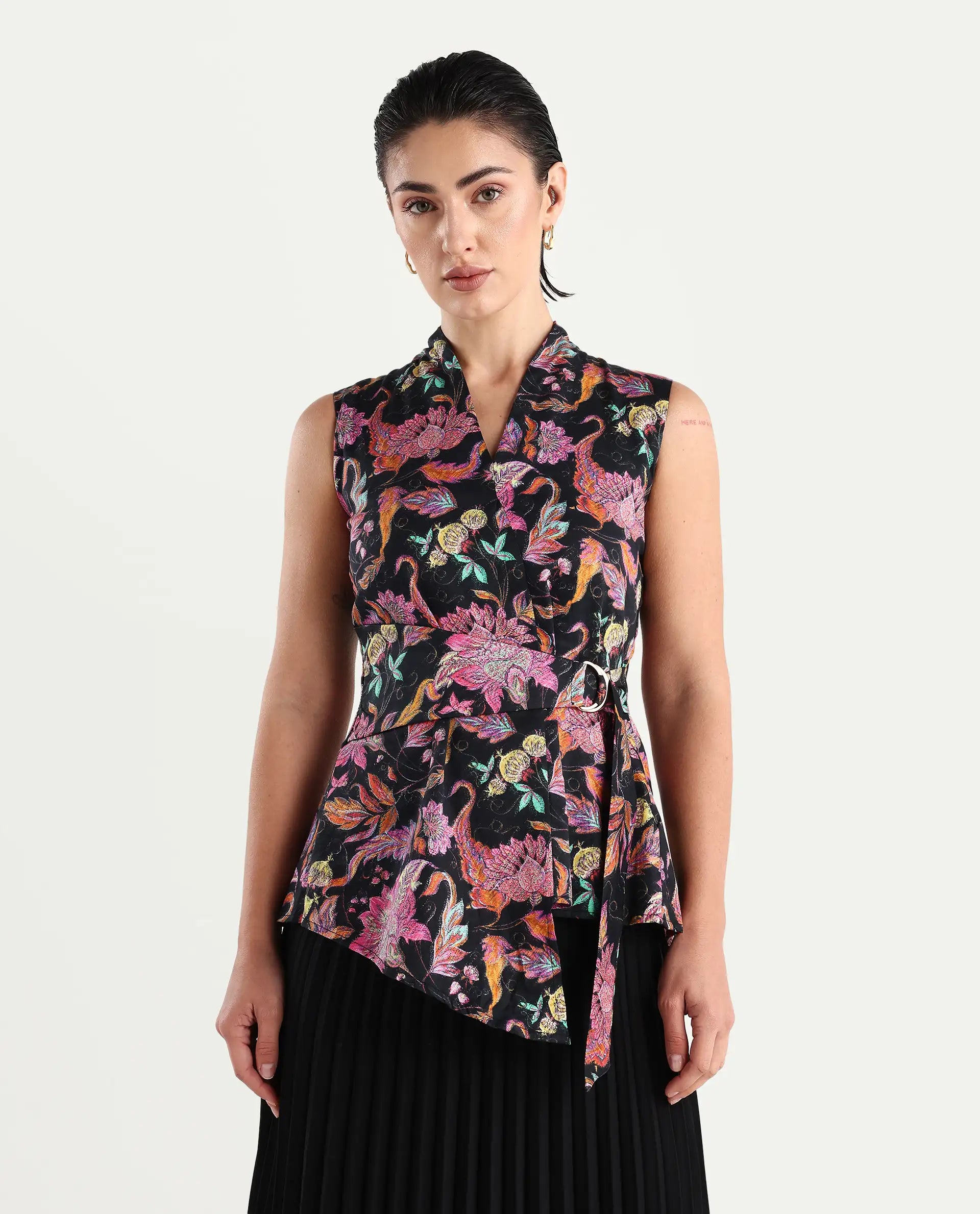 Rareism Women's Smitterg Dark Multi Cotton Blend Surplice Neck Abstract Print Sleeveless Regular Fit Top