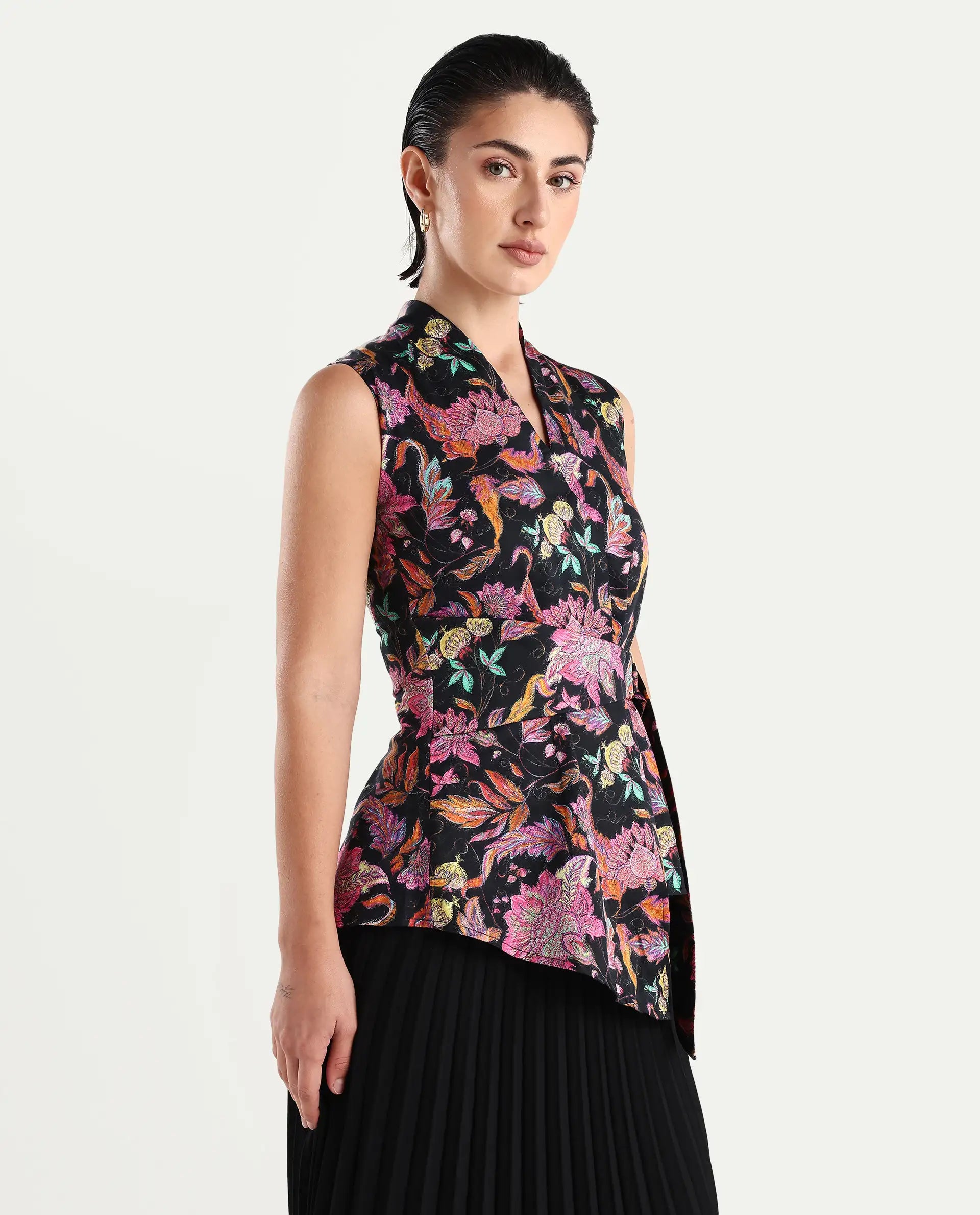 Rareism Women's Smitterg Dark Multi Cotton Blend Surplice Neck Abstract Print Sleeveless Regular Fit Top