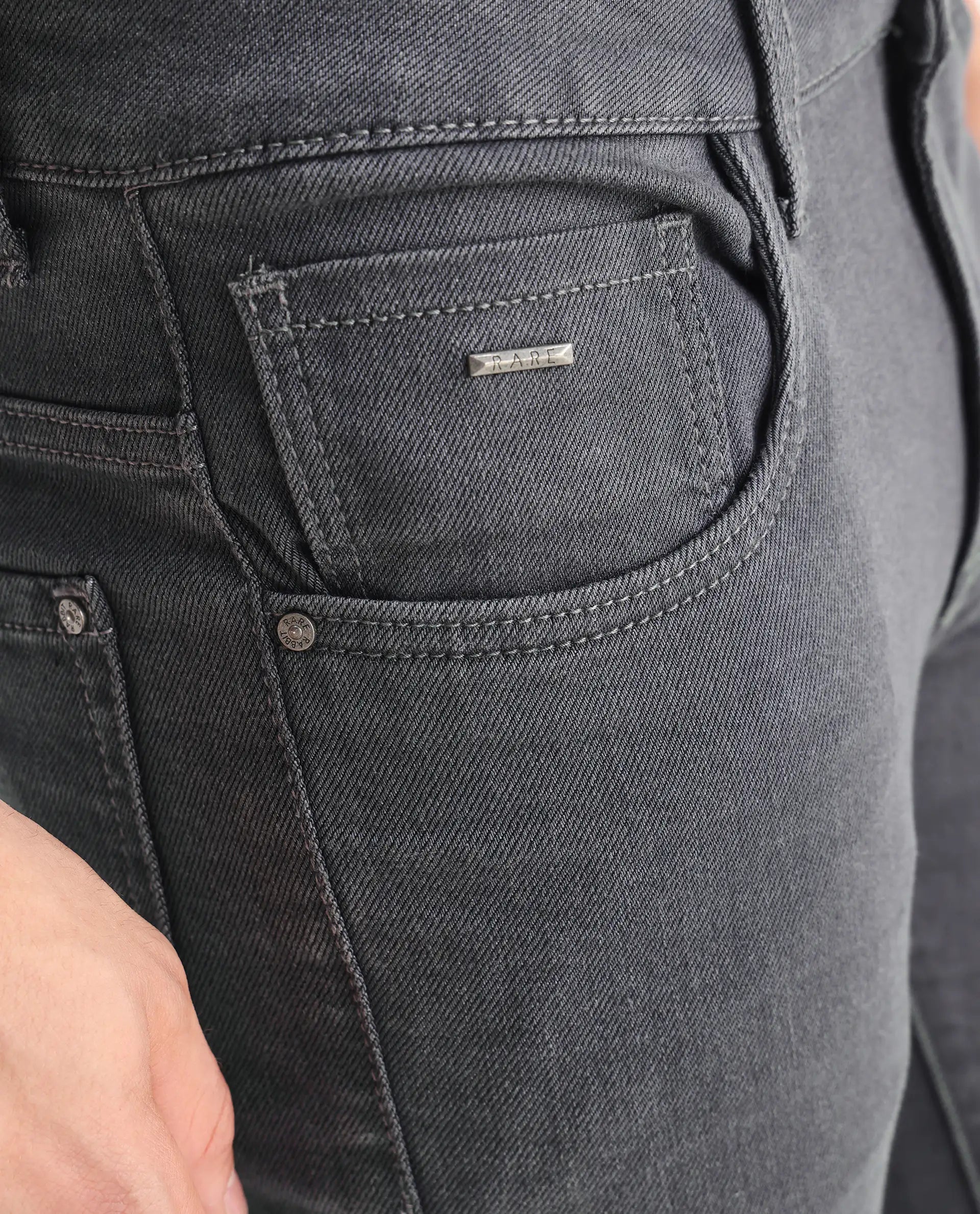 Rare Rabbit Men's Smok Grey Cotton Blend Plain Hawk Slim Fit Jeans