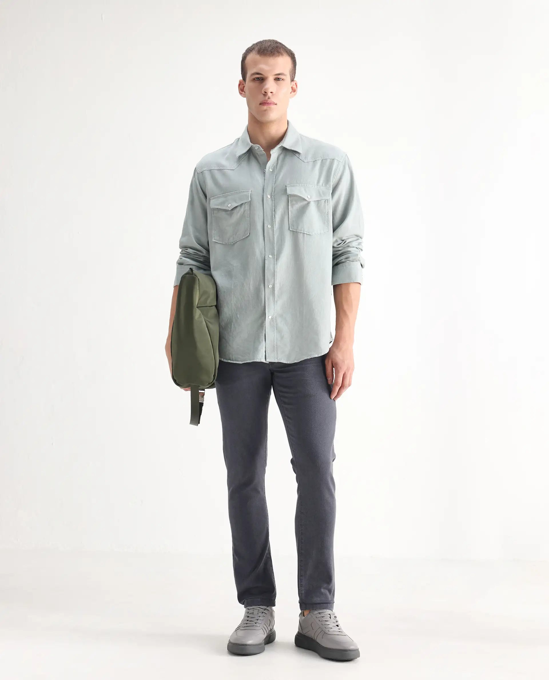 Rare Rabbit Men's Smok Grey Cotton Blend Plain Hawk Slim Fit Jeans