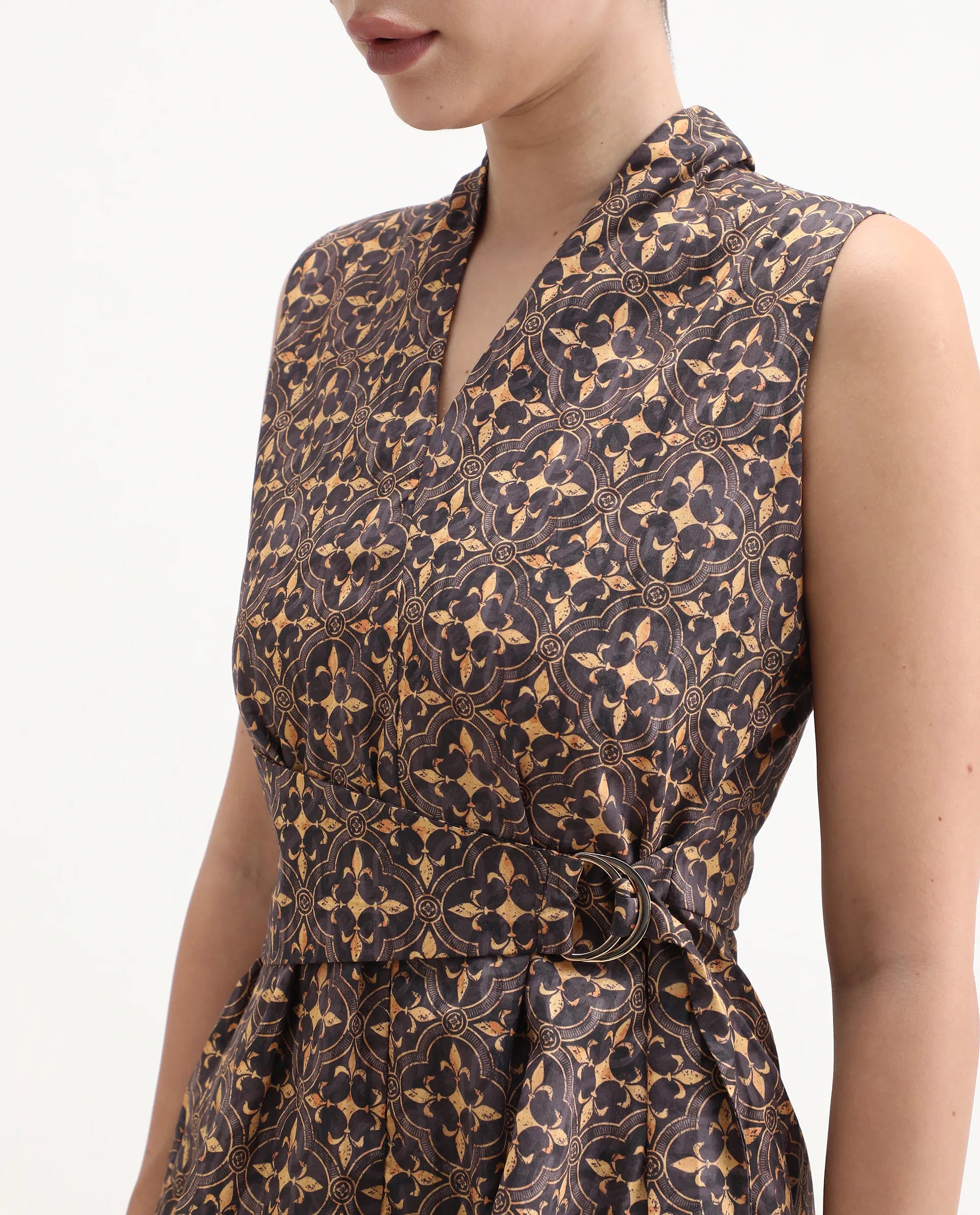 Rareism Women's Smudger Multi Cotton Blend Surplice Neck Geometric Print Sleeveless Regular Fit Top