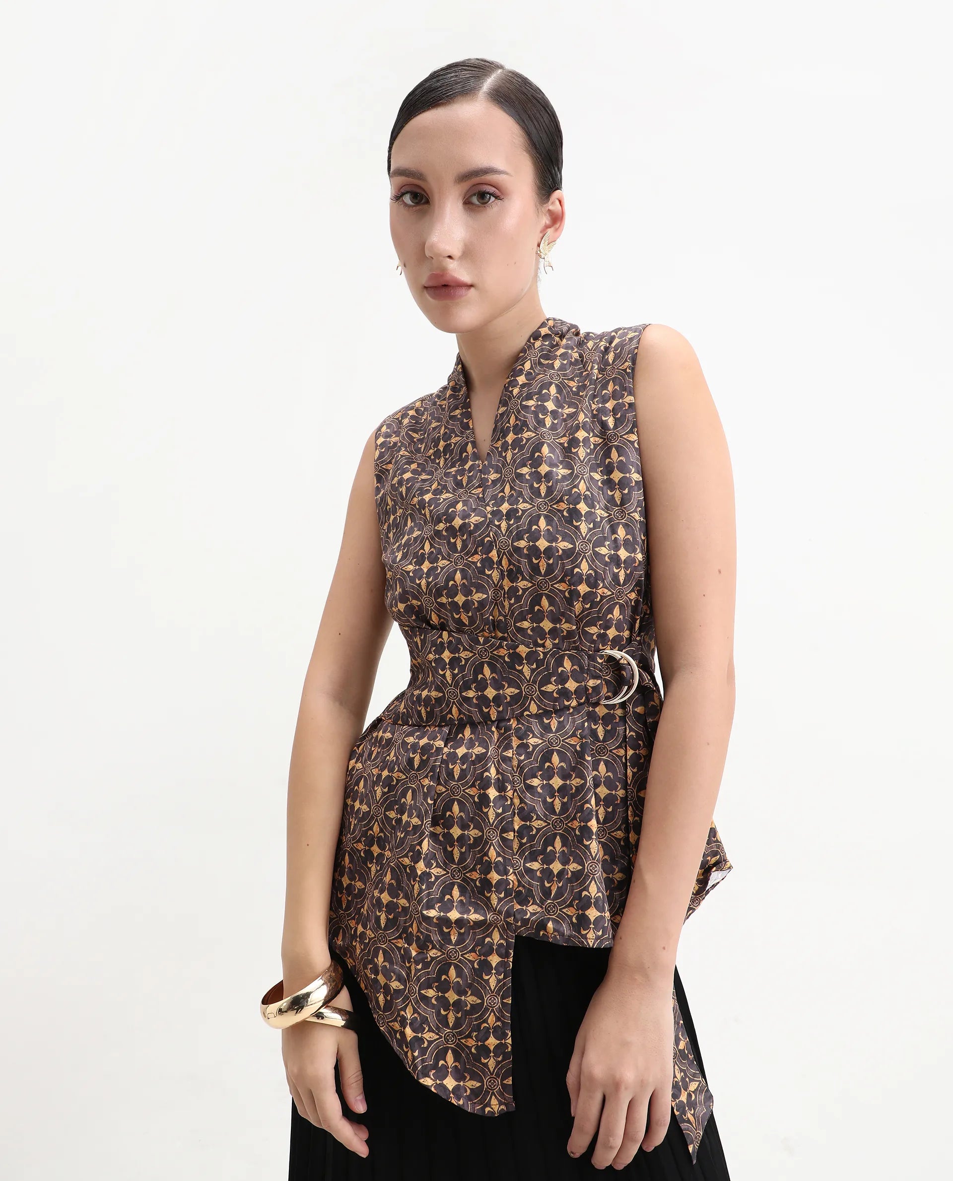 Rareism Women's Smudger Multi Cotton Blend Surplice Neck Geometric Print Sleeveless Regular Fit Top