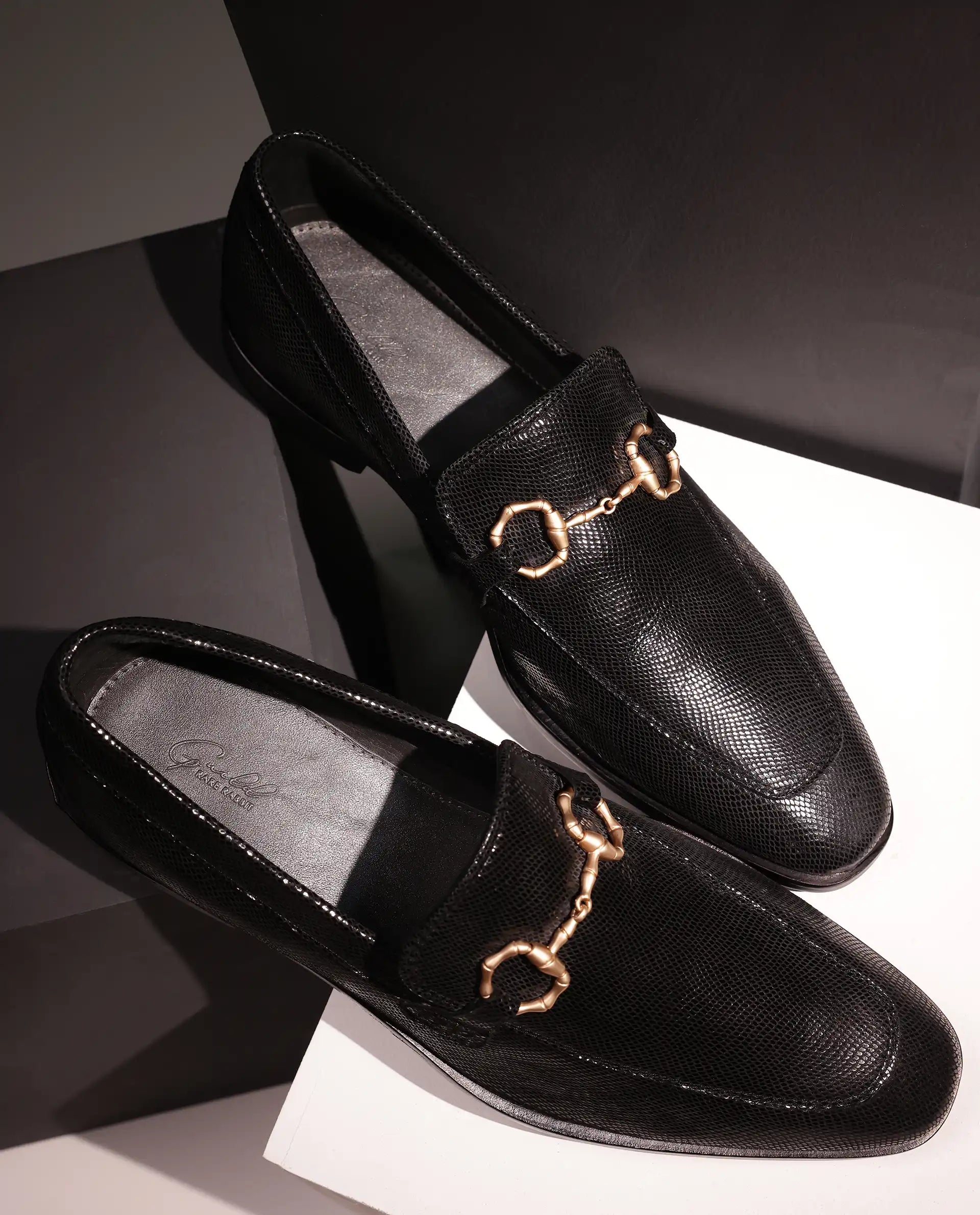 Rare Rabbit Men's Snaker Black Slip-On Genuine Textured Leather Guild Branded Loafer