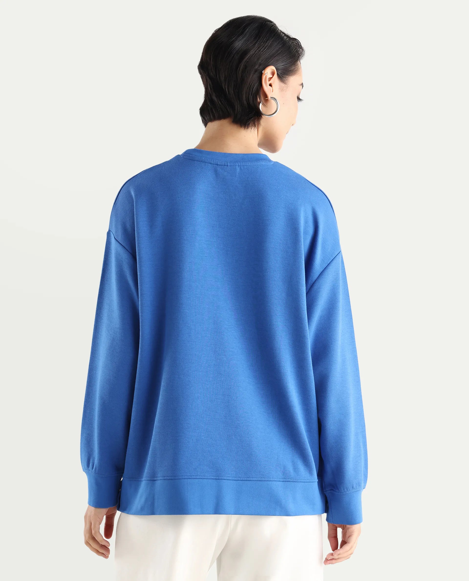 Rareism Women's Snappy Blue Cotton Blend Crew Neck Plain Relaxed Fit Sweatshirt