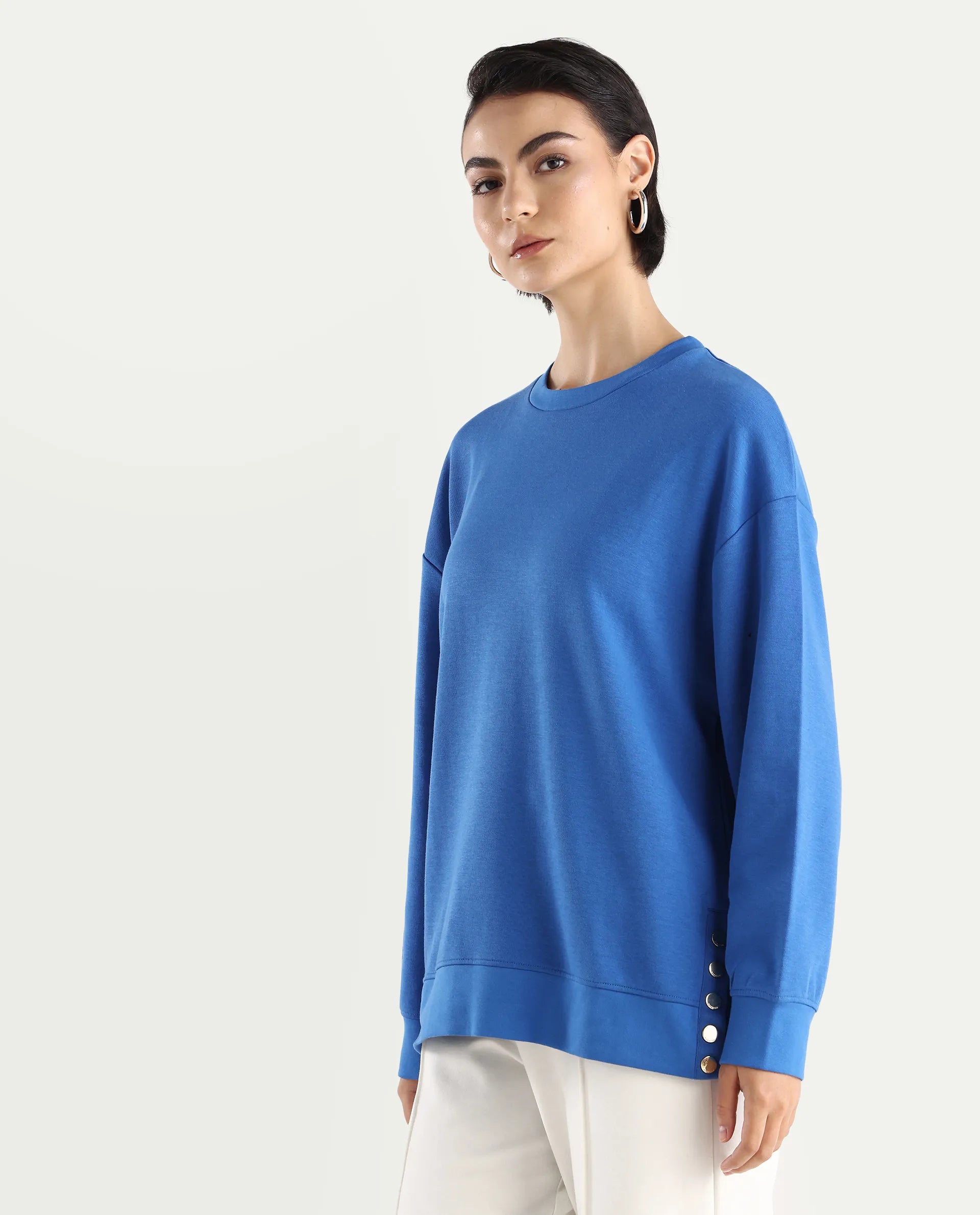 Rareism Women's Snappy Blue Cotton Blend Crew Neck Plain Relaxed Fit Sweatshirt